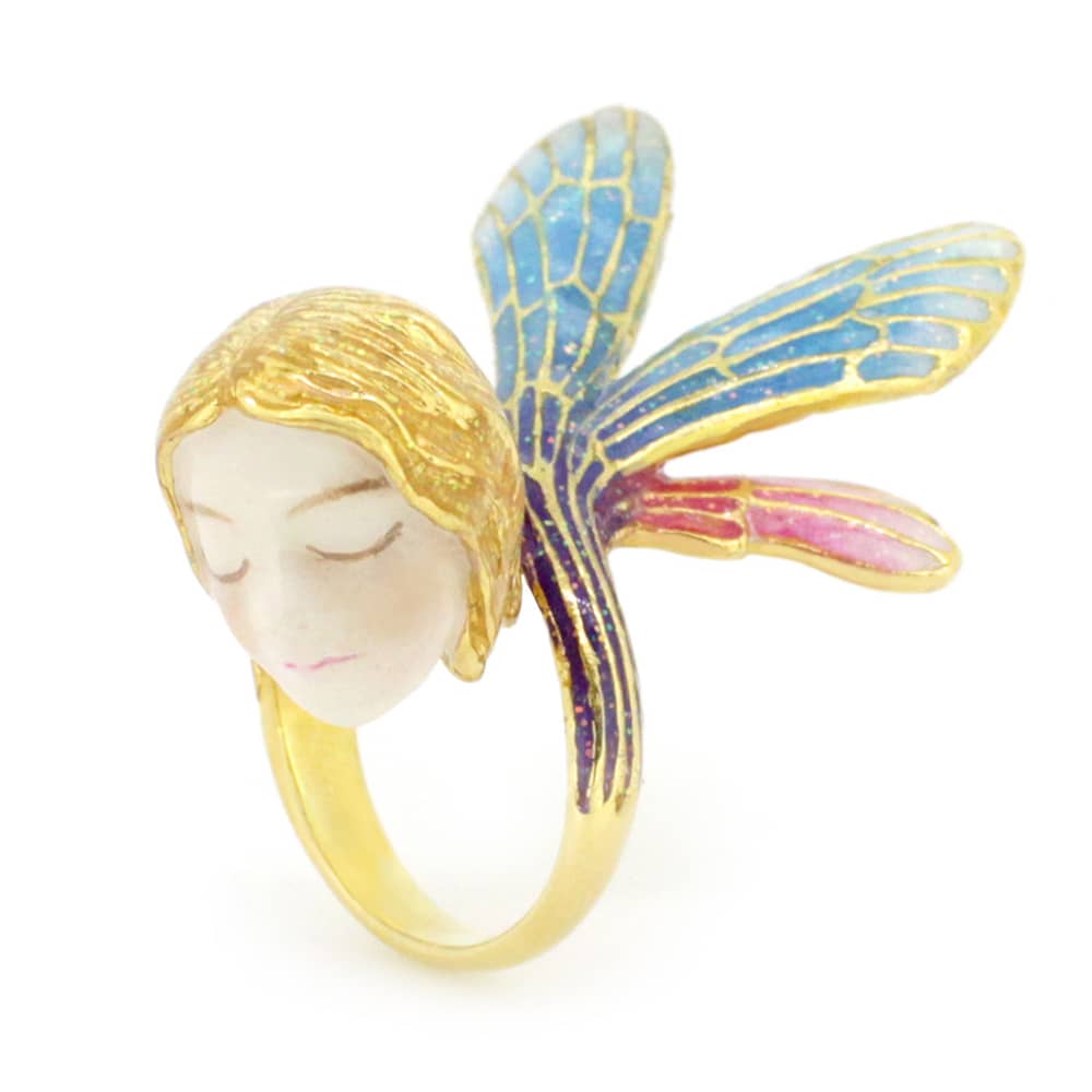 A beautifully crafted fairy ring featuring colorful wings and a delicate face