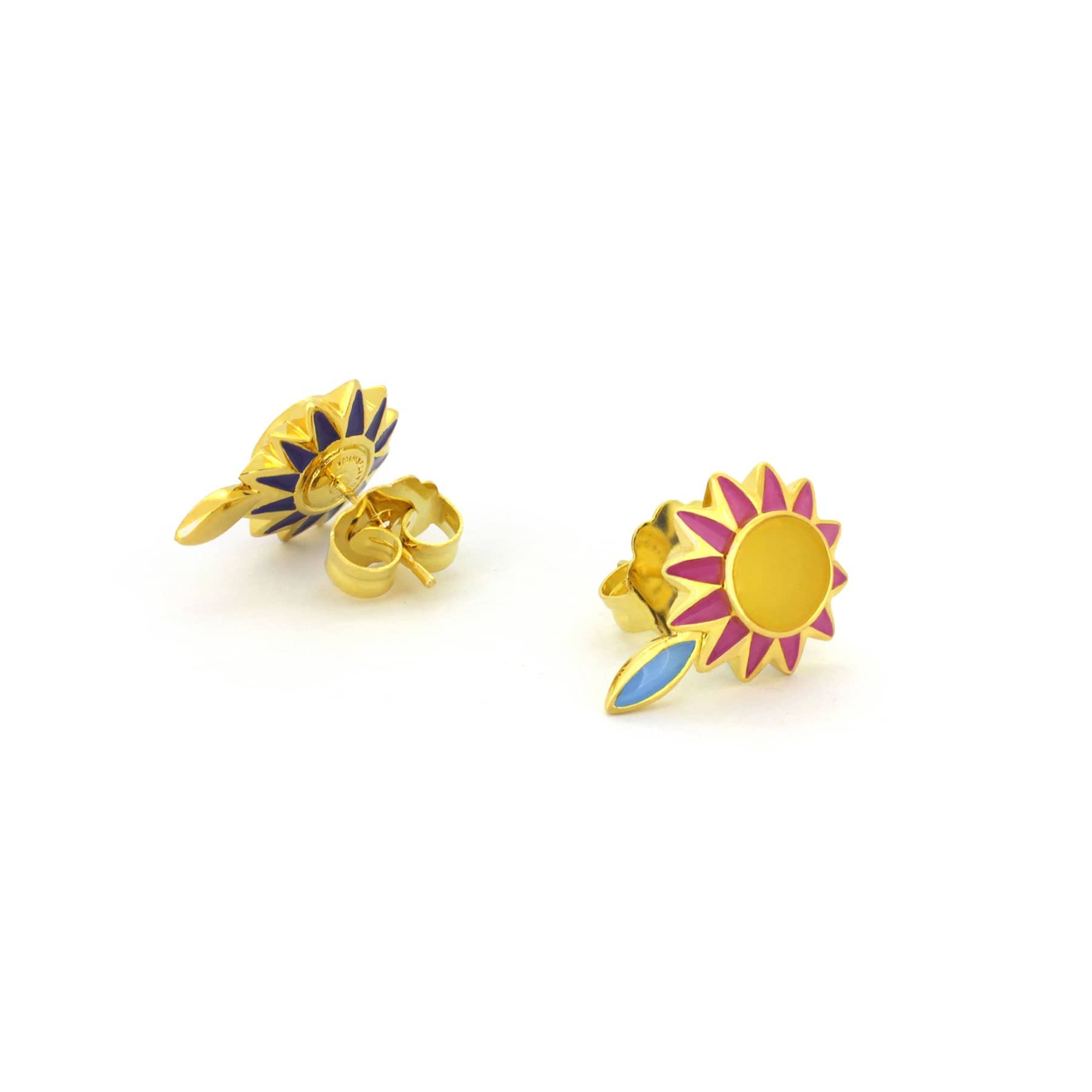 Bright, colorful earrings shaped like flowers with yellow, pink, and blue, ideal for summer fashion.