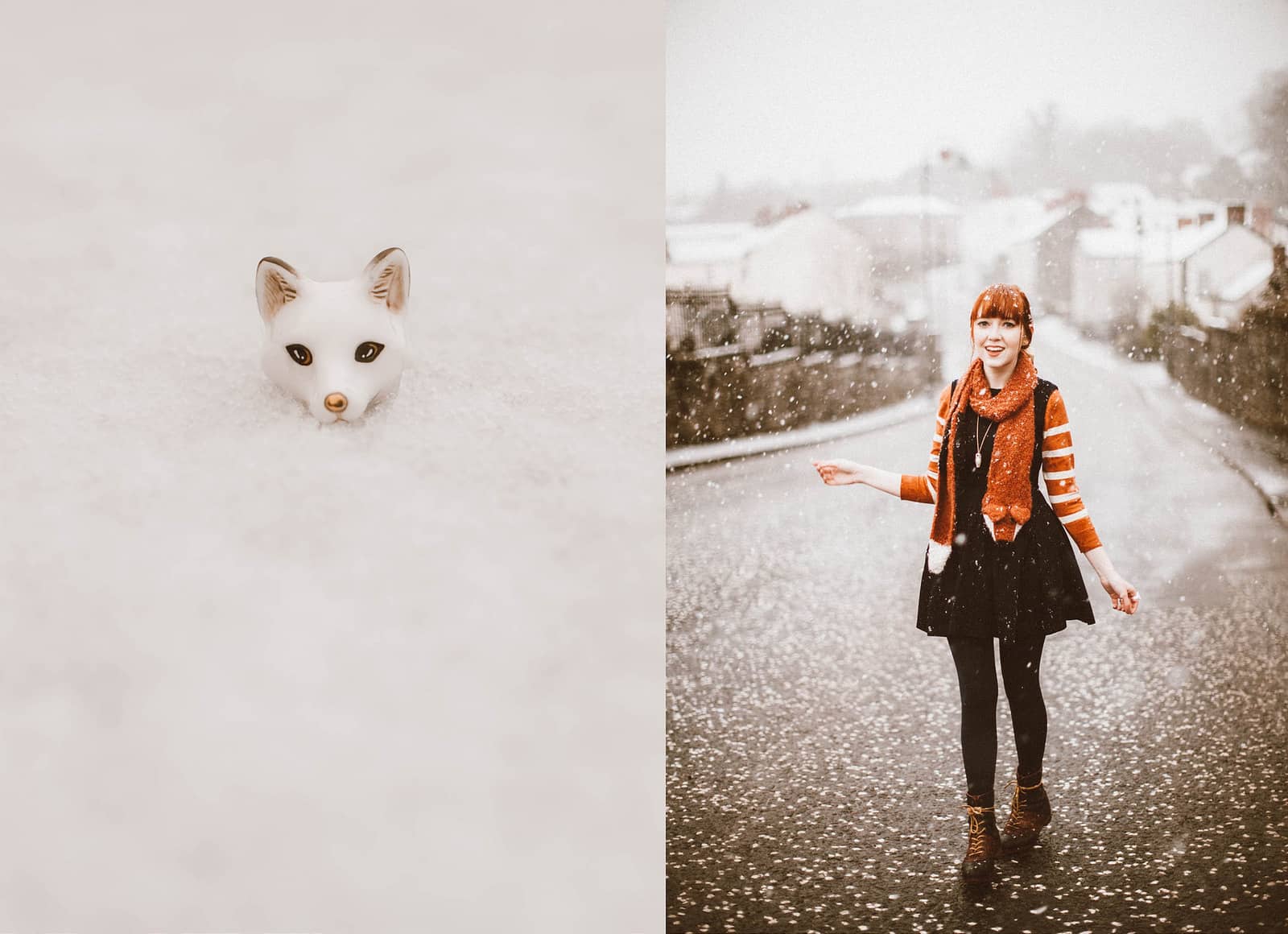 A white fox ring placed on the snow alongside a woman in cozy outfit joyfully walking in a snowy street.