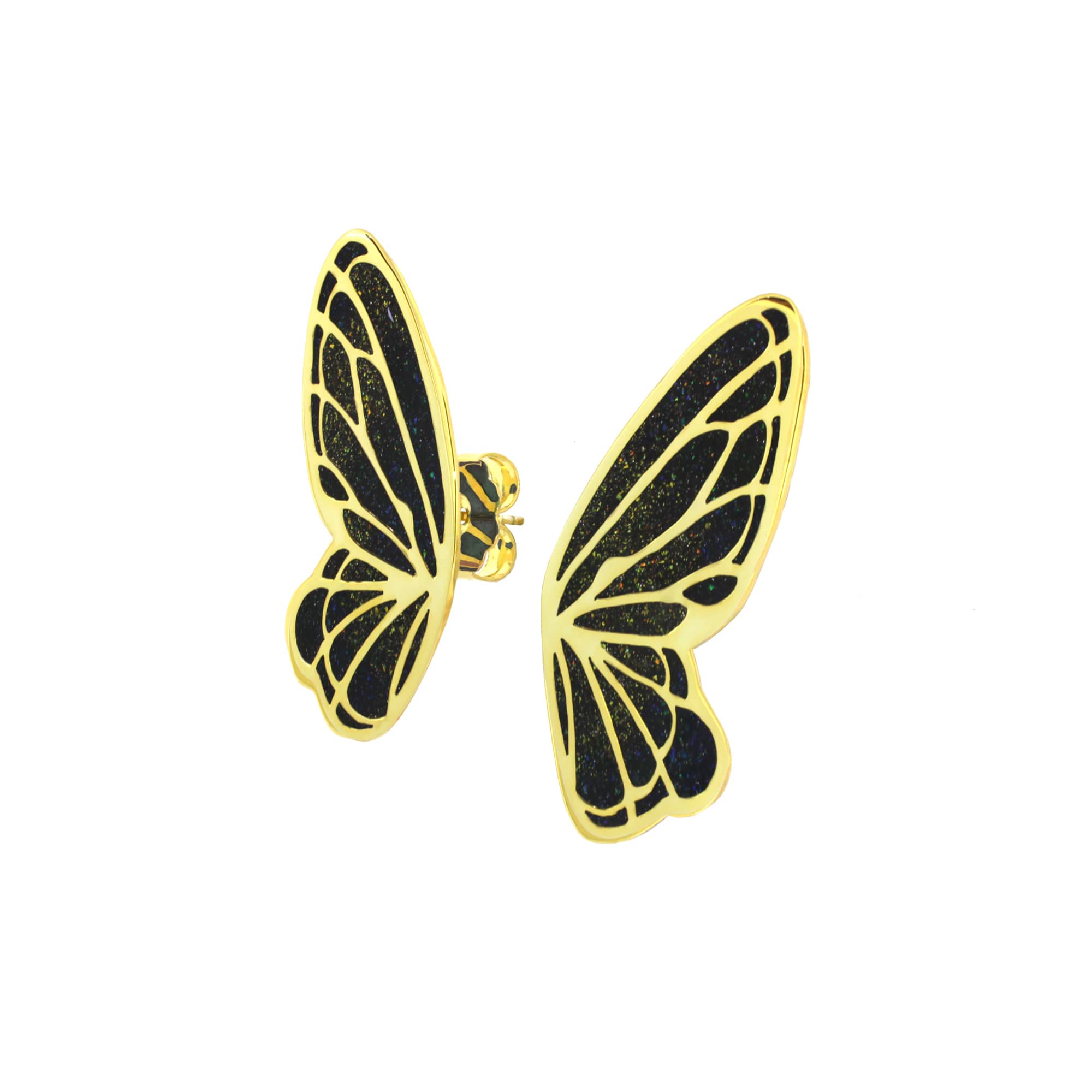 Unique butterfly-shaped enamel earrings with black and gold design.