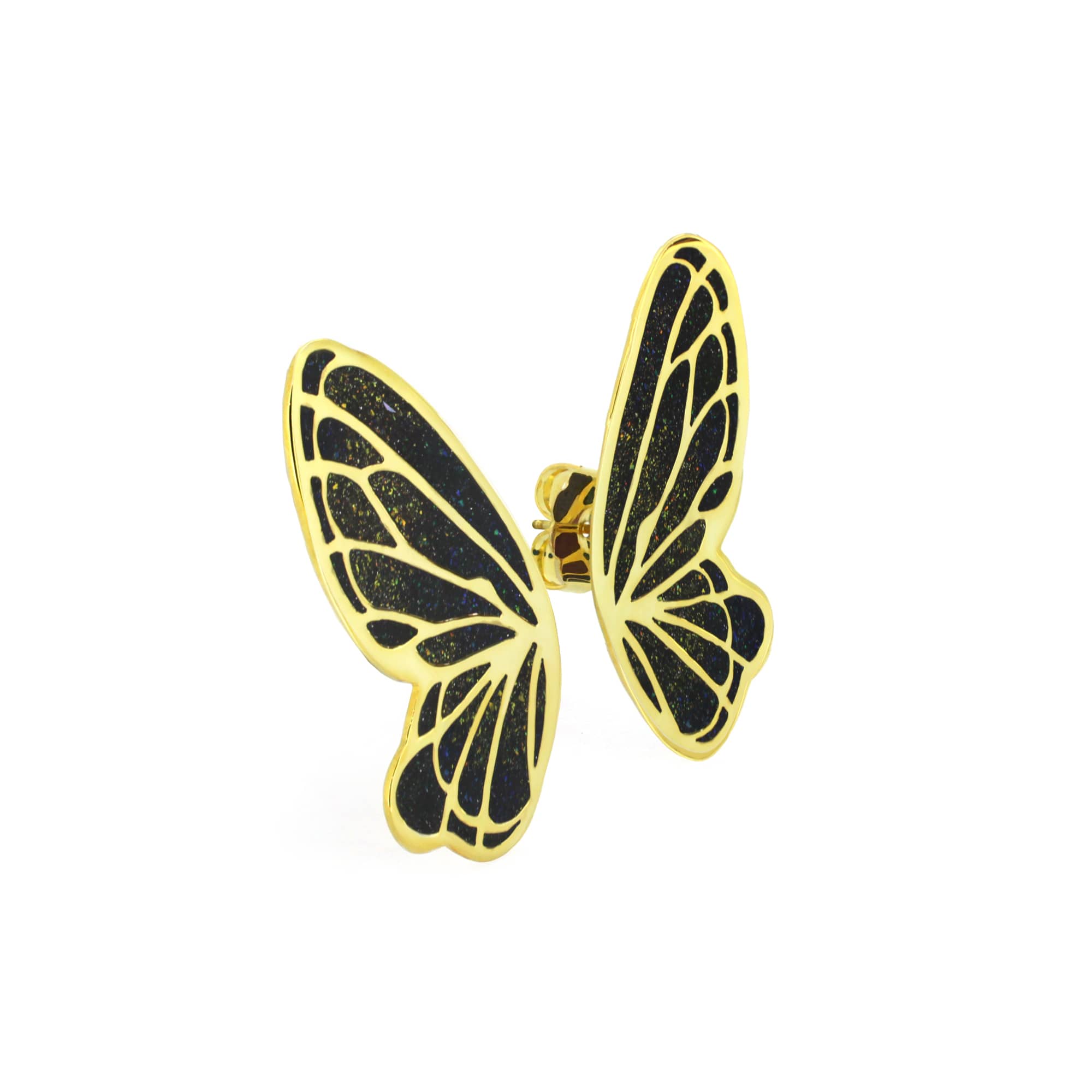 Unique butterfly-shaped enamel earrings with black and gold design.