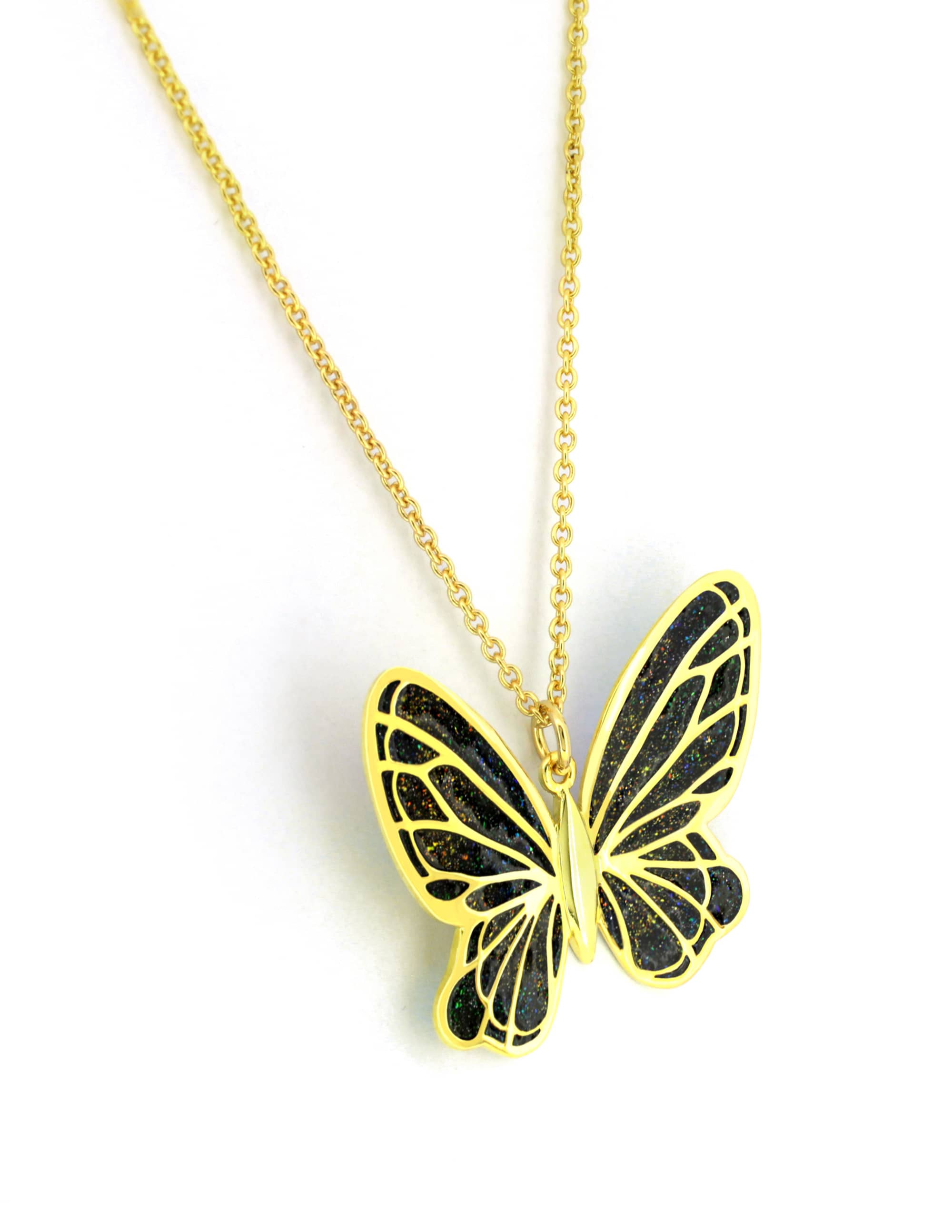 Beautiful enamel butterfly pendant on a gold chain