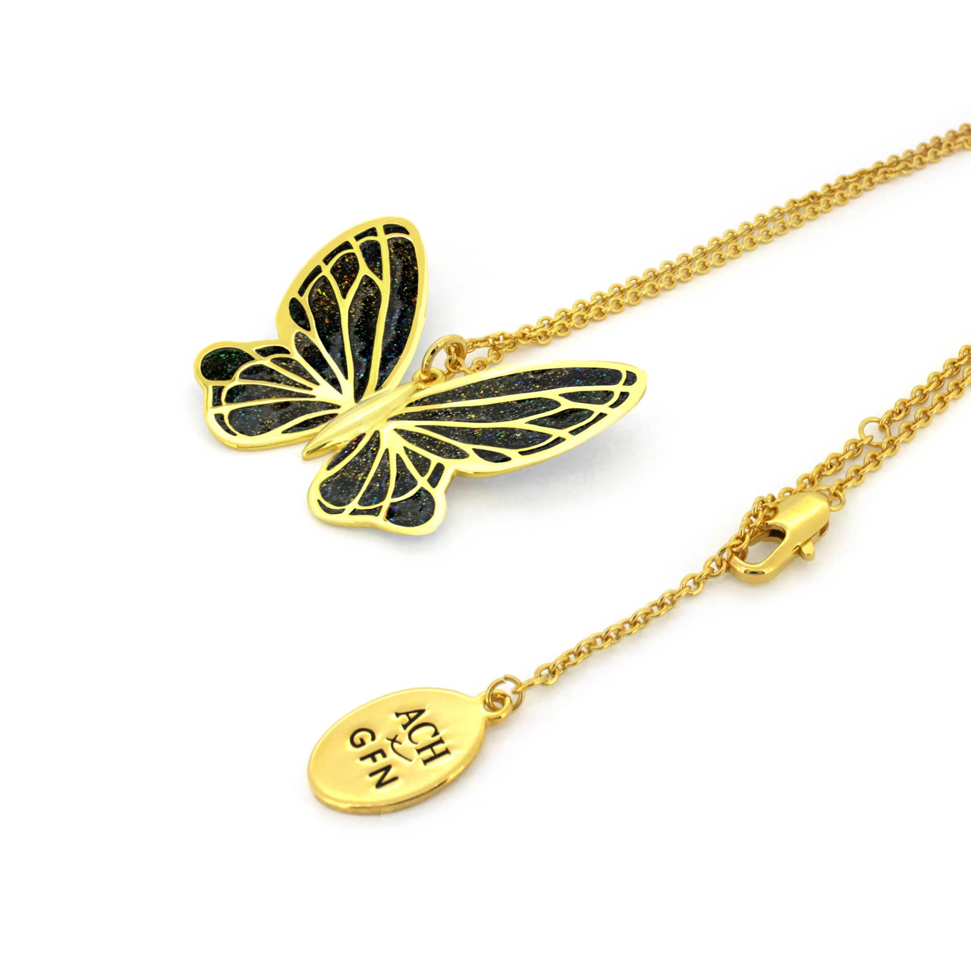 Beautiful enamel butterfly pendant on a gold chain