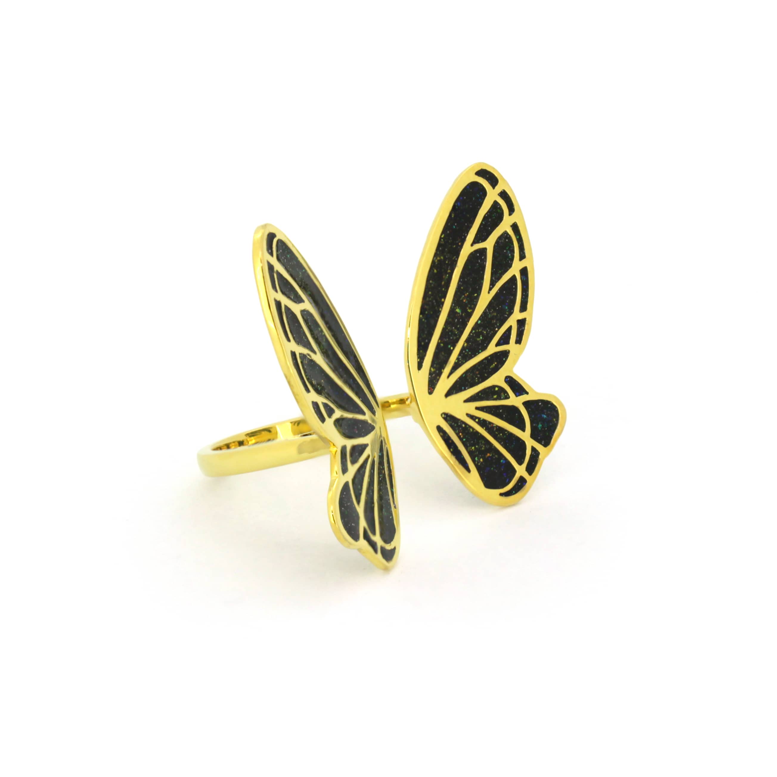 Unique butterfly ring with gold outline and black enamel