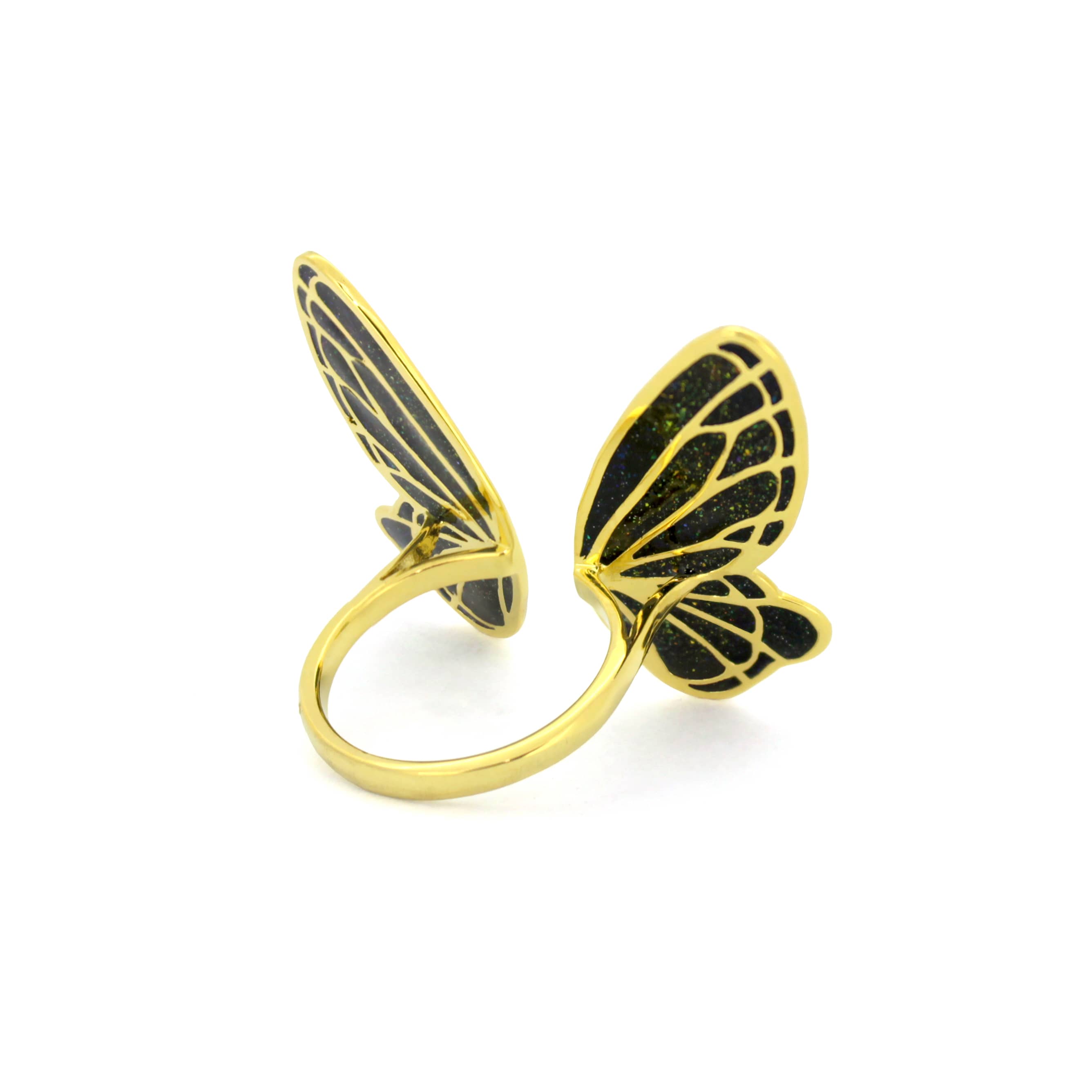 Unique butterfly ring with gold outline and black enamel