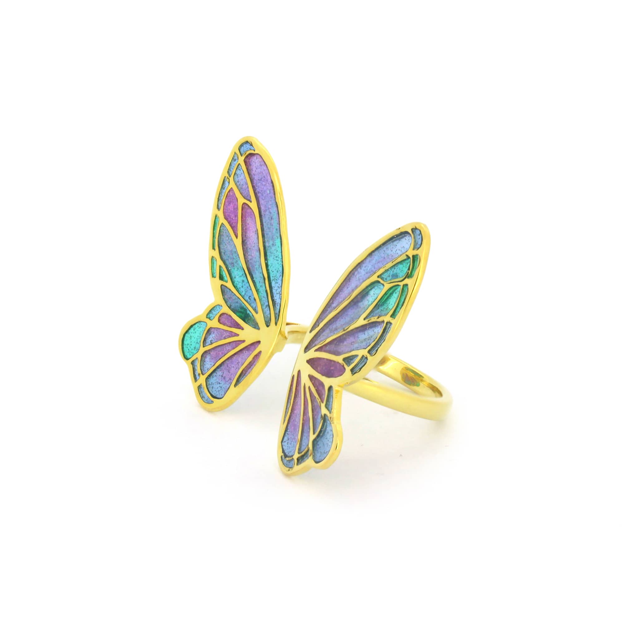 Artistic ring with pastel butterfly wing design.