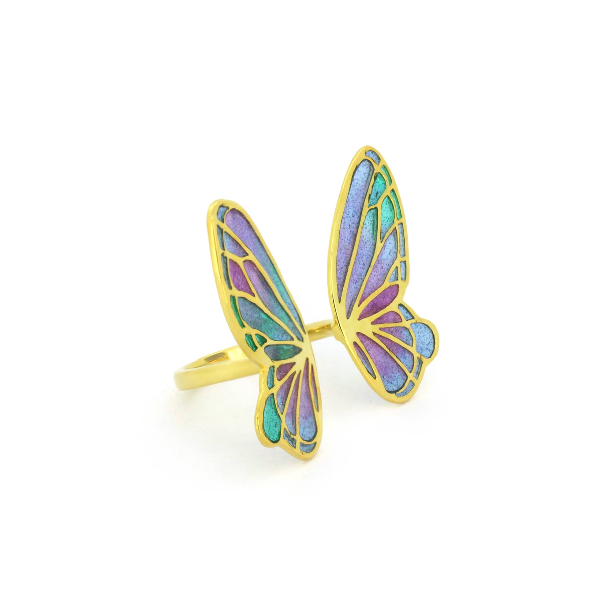 Artistic ring with pastel butterfly wing design.