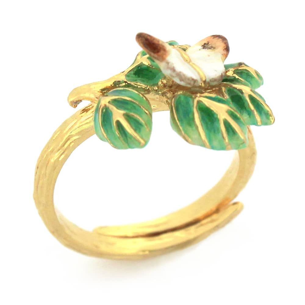 Nature-inspired stacking ring set featuring a fox, butterfly, and flower.