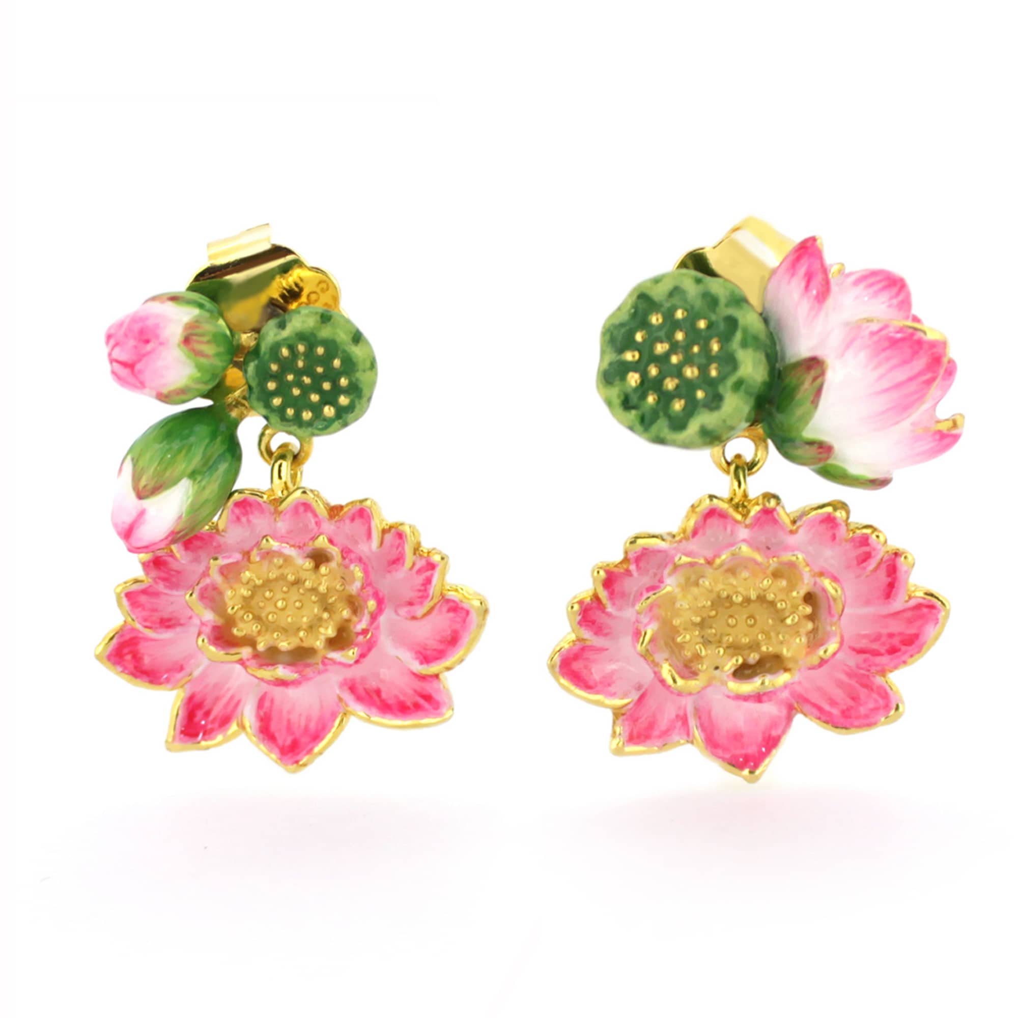 Colorful earrings featuring pink lotus flowers with gold accents and green decorative elements.