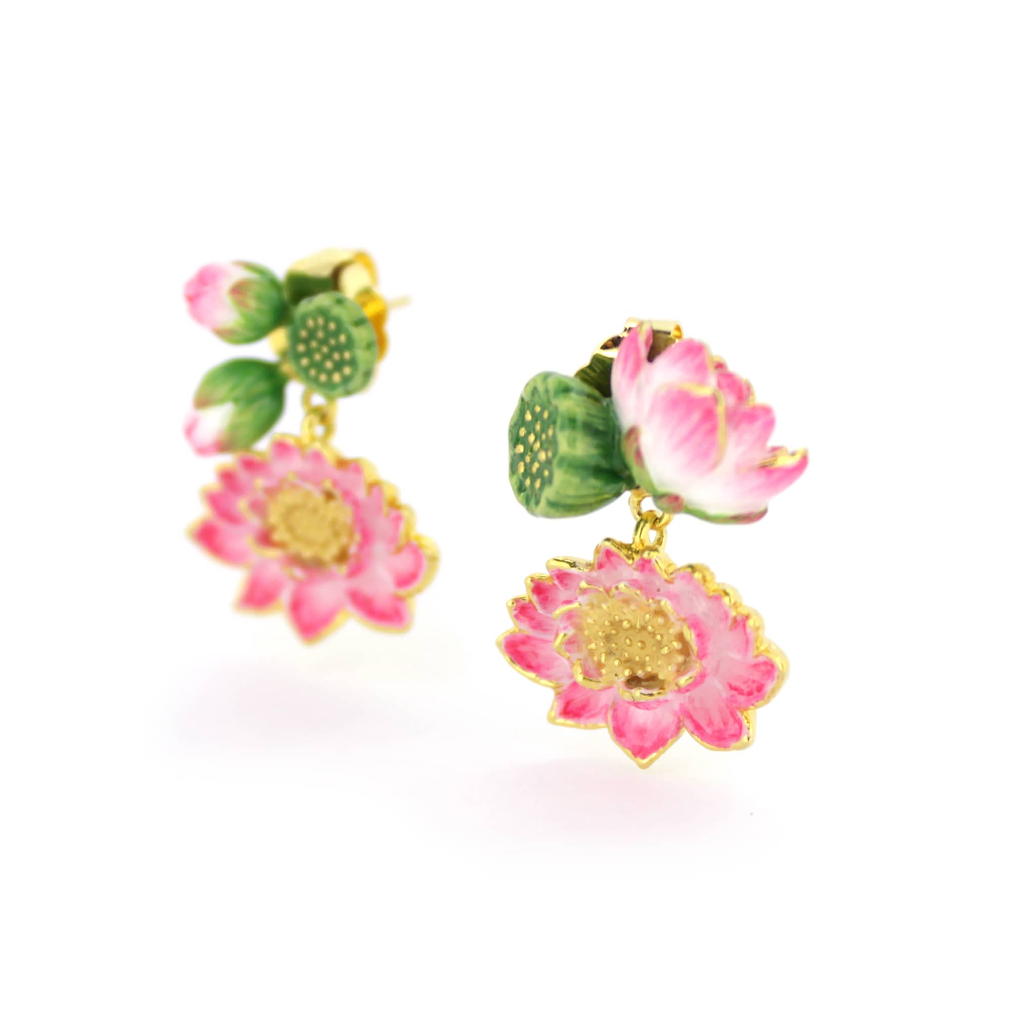 Handmade earrings featuring pink lotus flowers with gold accents and green decorative elements.