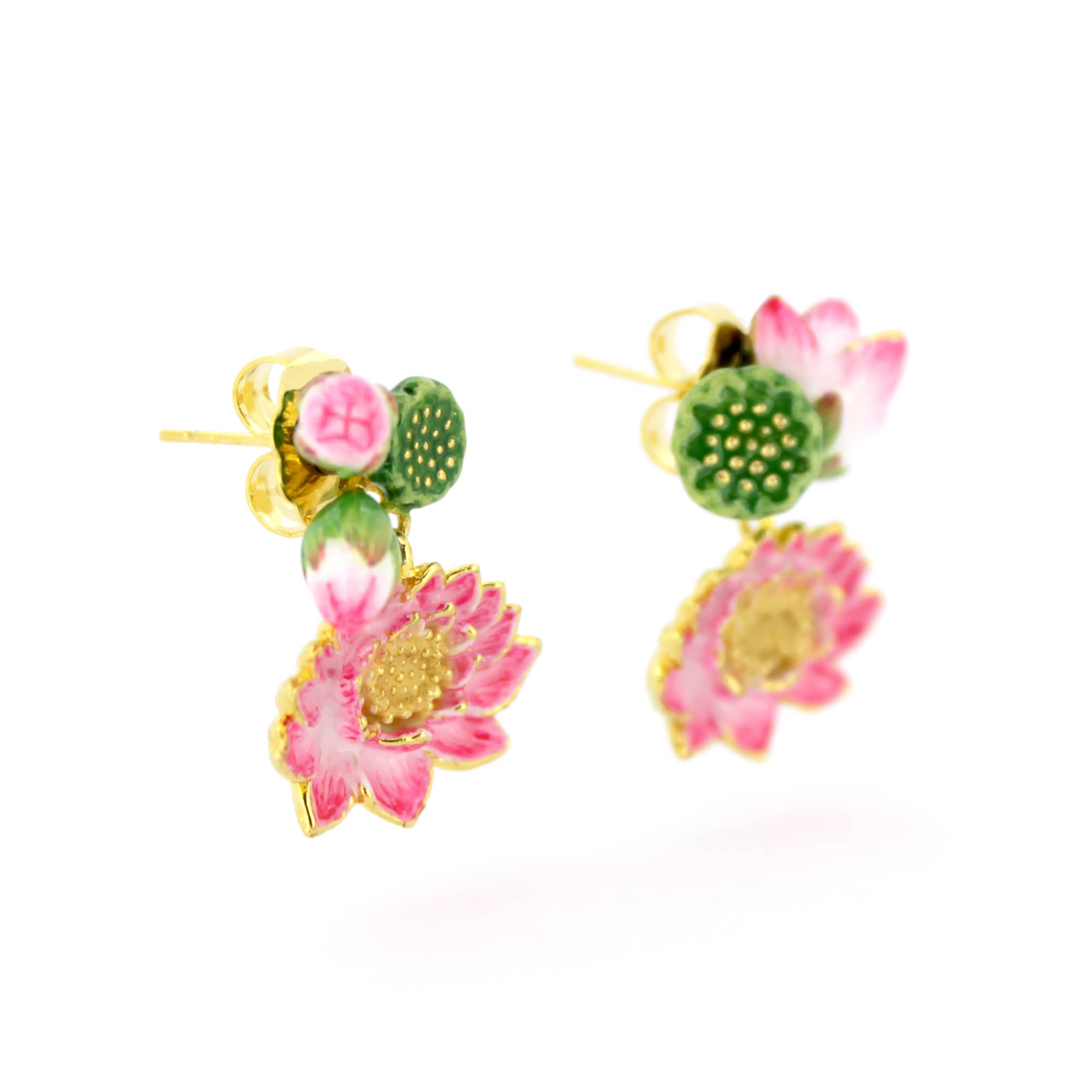 Colorful earrings featuring pink lotus flowers with gold accents and green decorative elements.