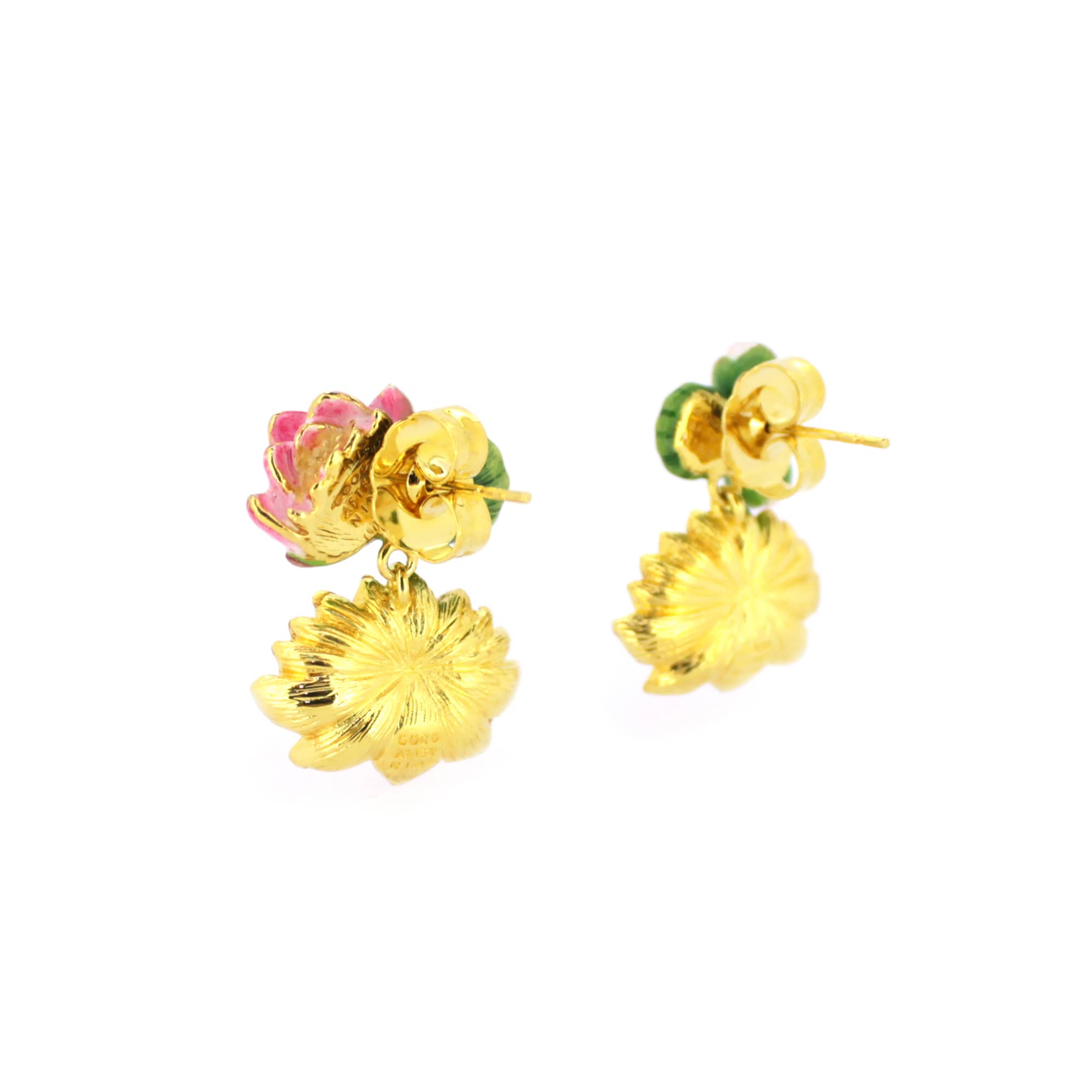 Beautiful earrings featuring pink lotus flowers with gold accents and green decorative elements, perfect for flower lovers.