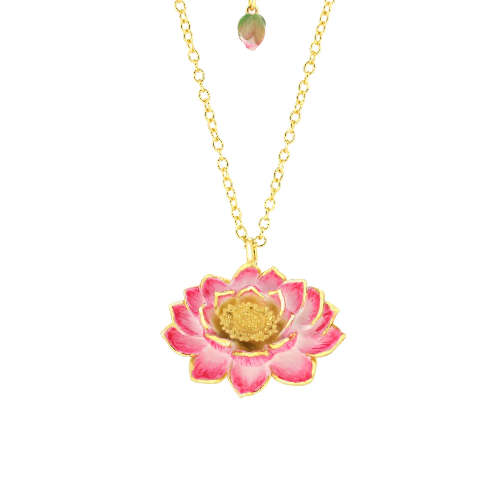 A gold chain necklace features a pink lotus flower pendant, intricately detailed with gold accents.