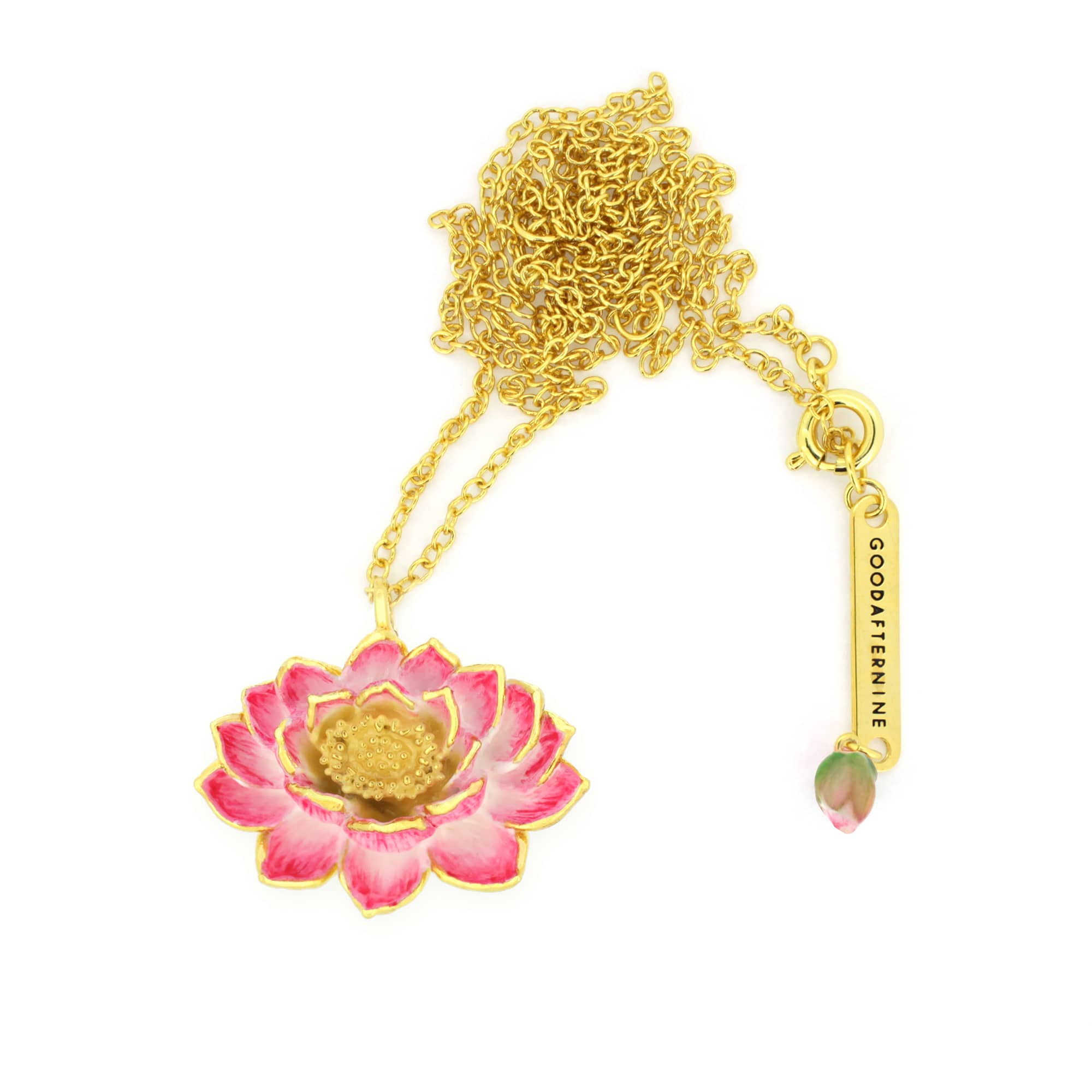 A gold chain necklace features a pink lotus flower pendant, intricately detailed with gold accents.