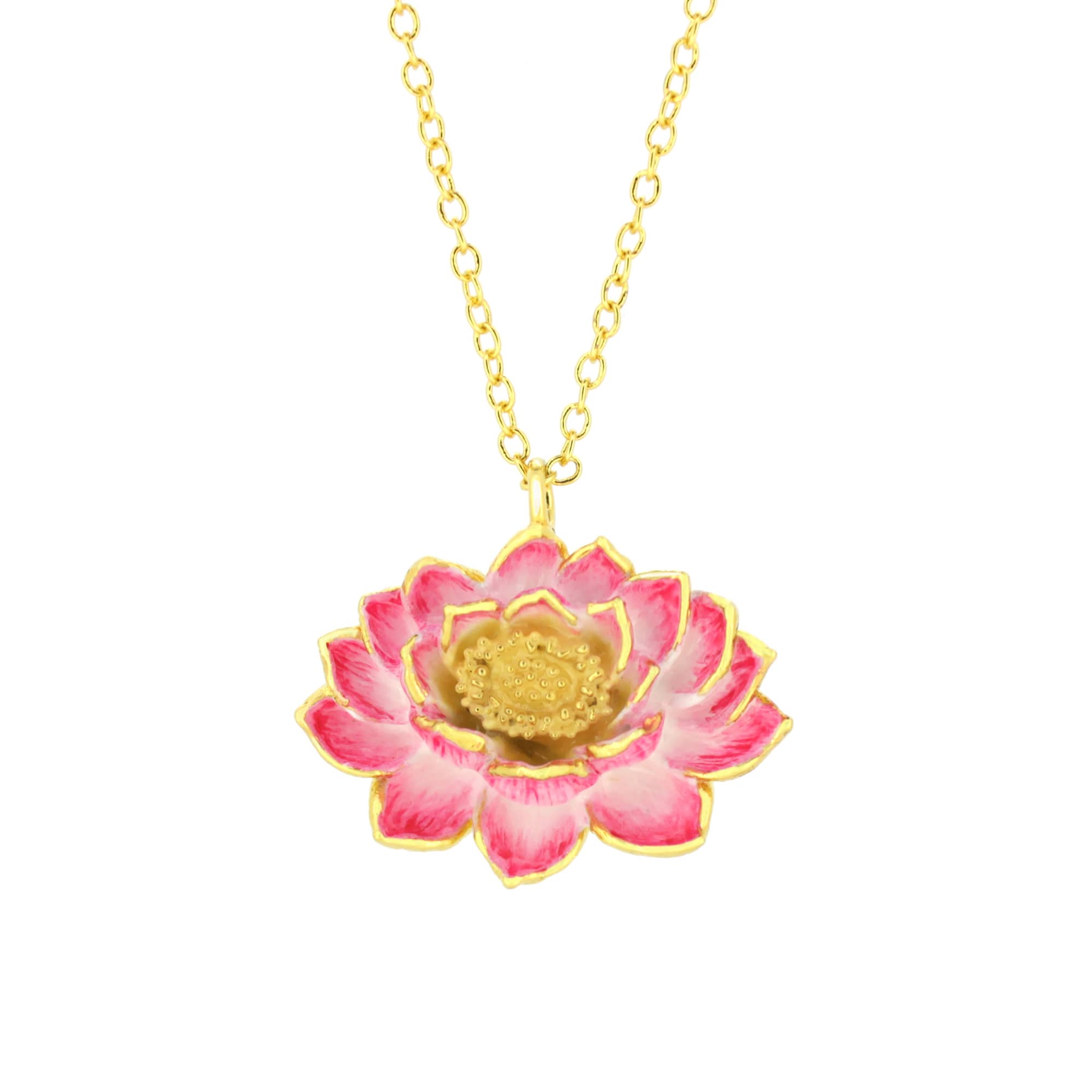 A gold chain necklace features a pink lotus flower pendant, intricately detailed with gold accents.