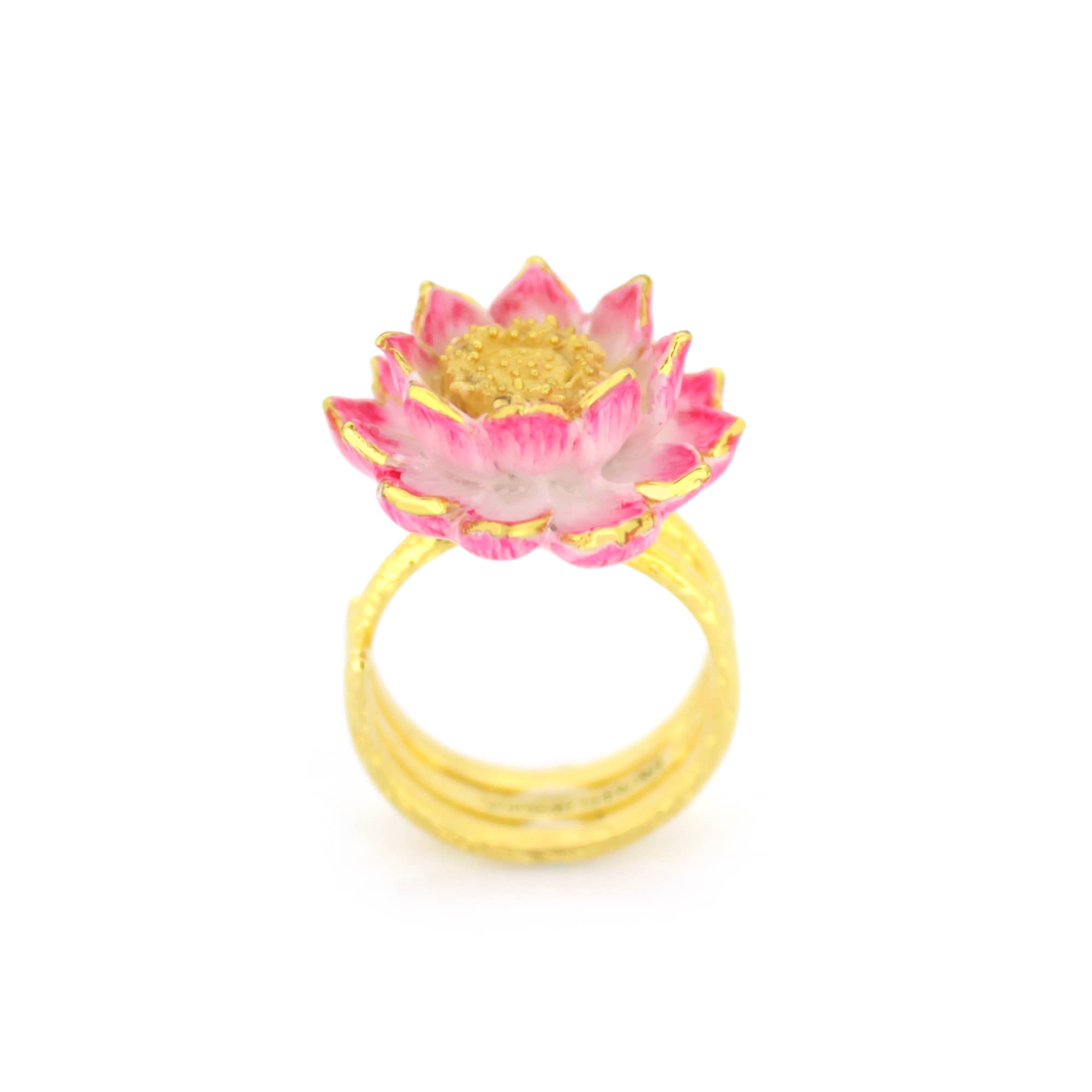 A unique floral ring showcasing a pink lotus flower.