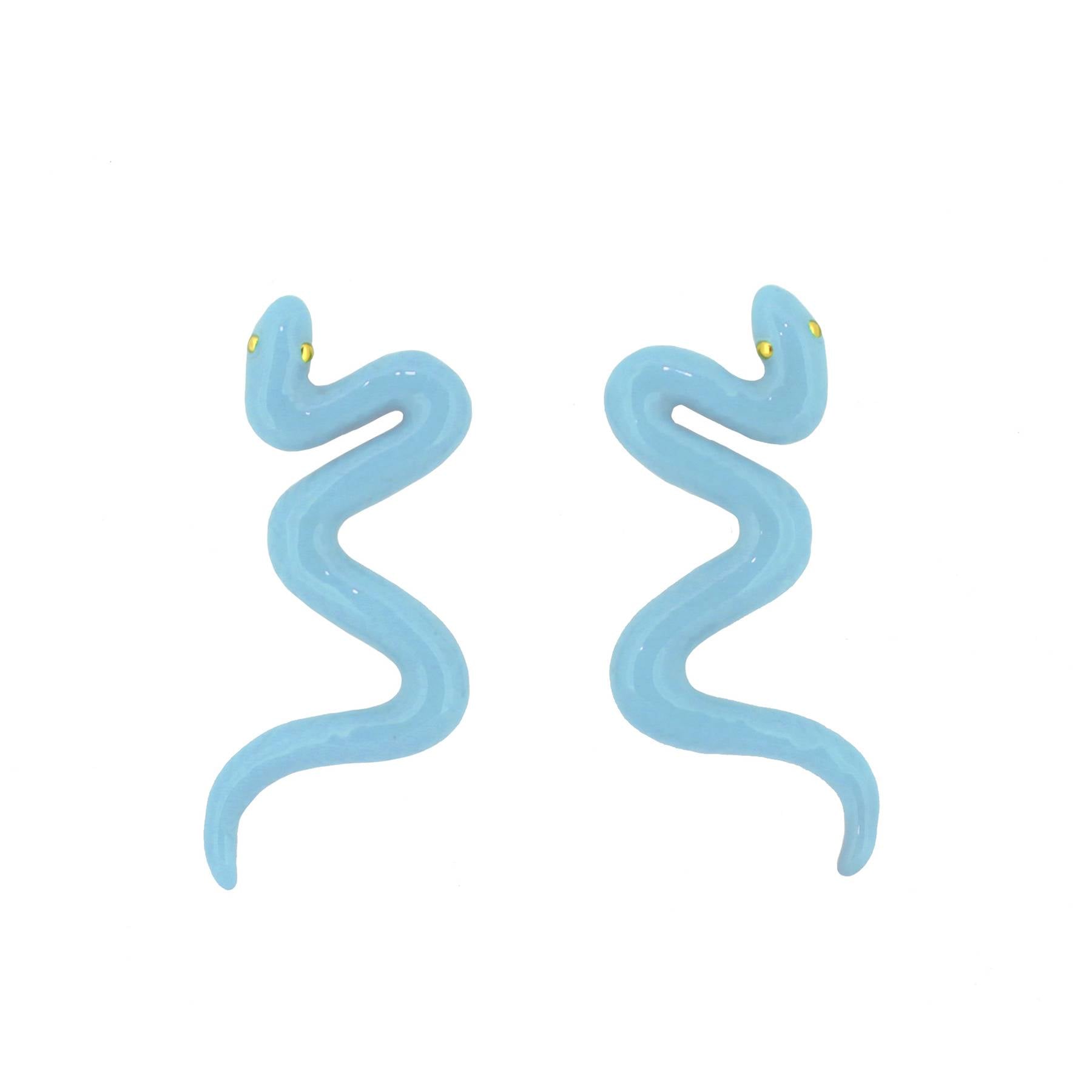 Curved, blue, snake earrings with small eyes, ideal for summer fashion.