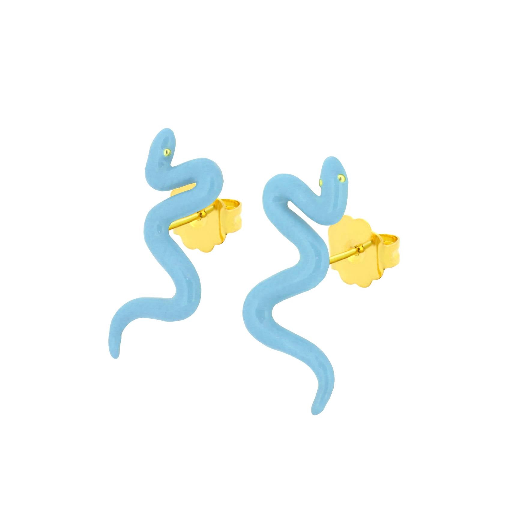 Vibrant curved, blue, snake earrings with small eyes, ideal for summer fashion.