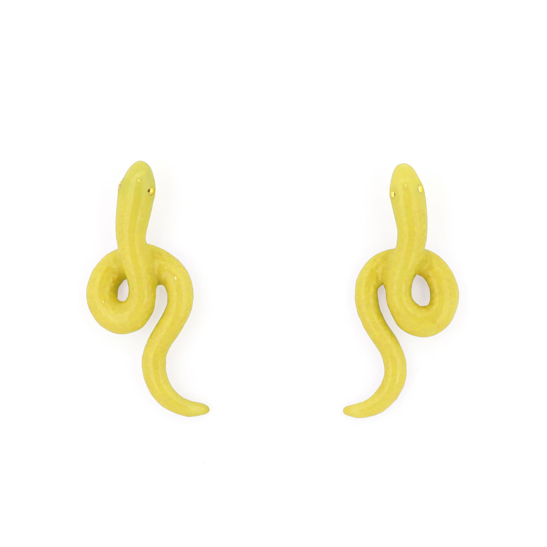 Playful yellow earrings featuring a snake design, ideal for summer outfit.