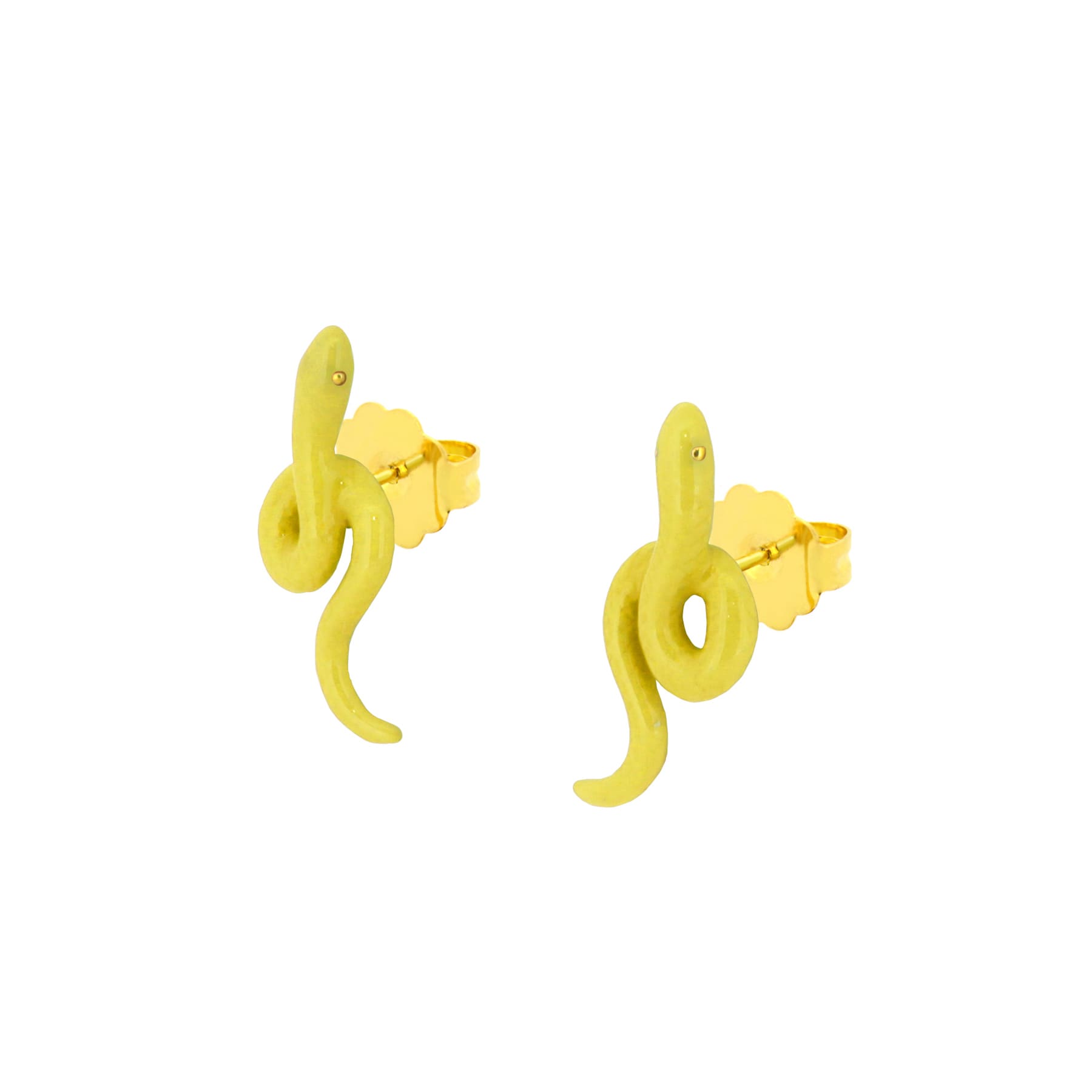 Playful yellow earrings featuring a snake design.