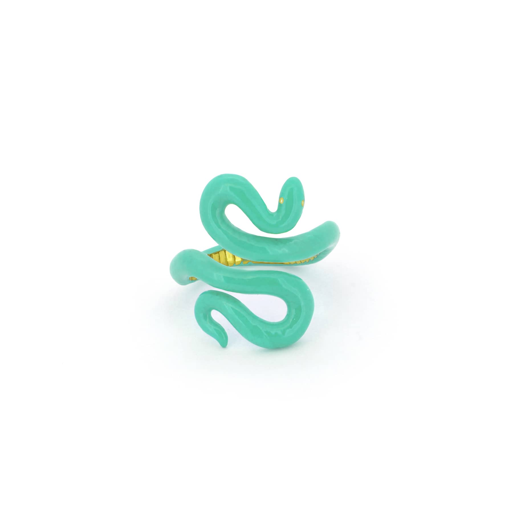 Vibrant ring featuring a curvy snake design in green color.