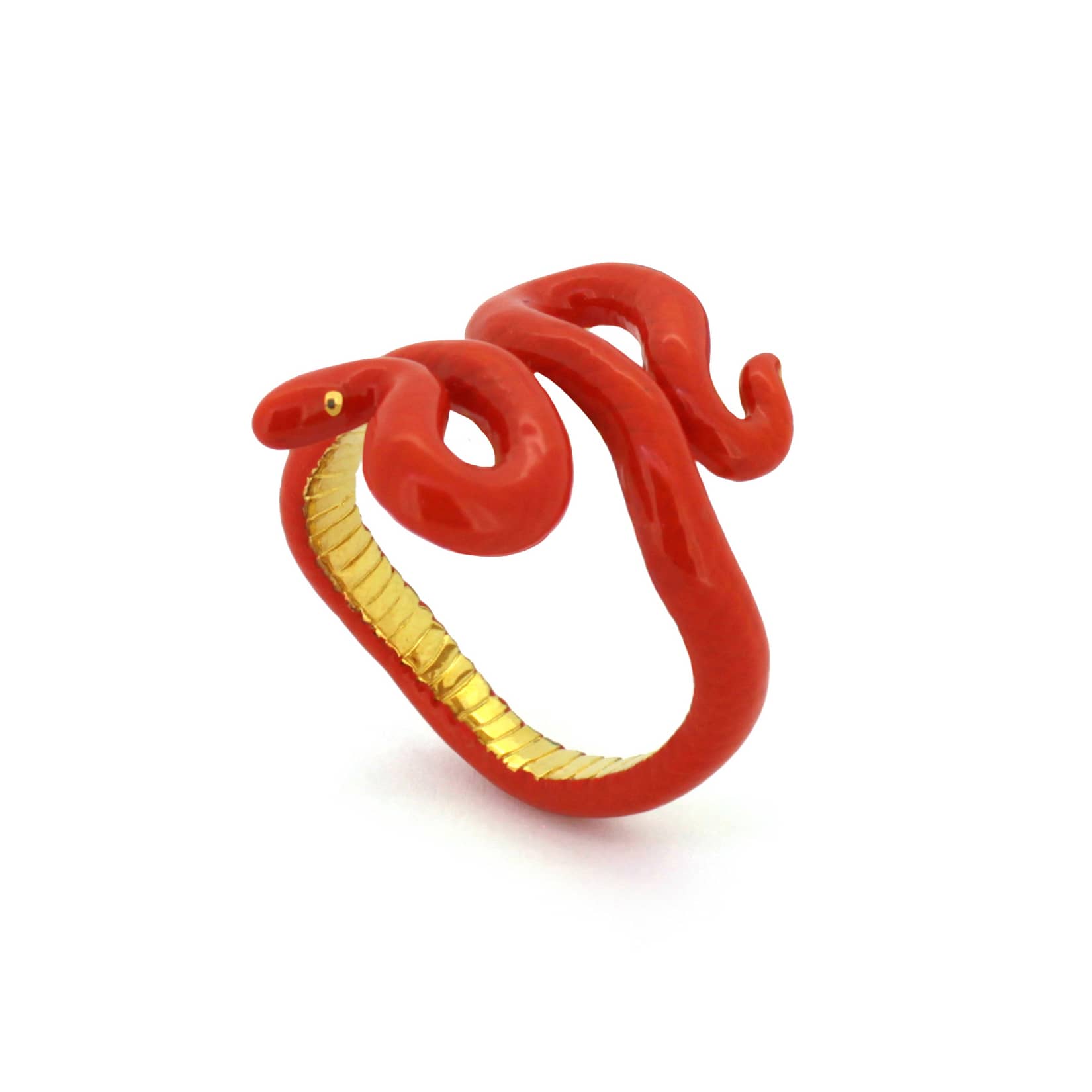 Stylish ring featuring a snake design in red color.