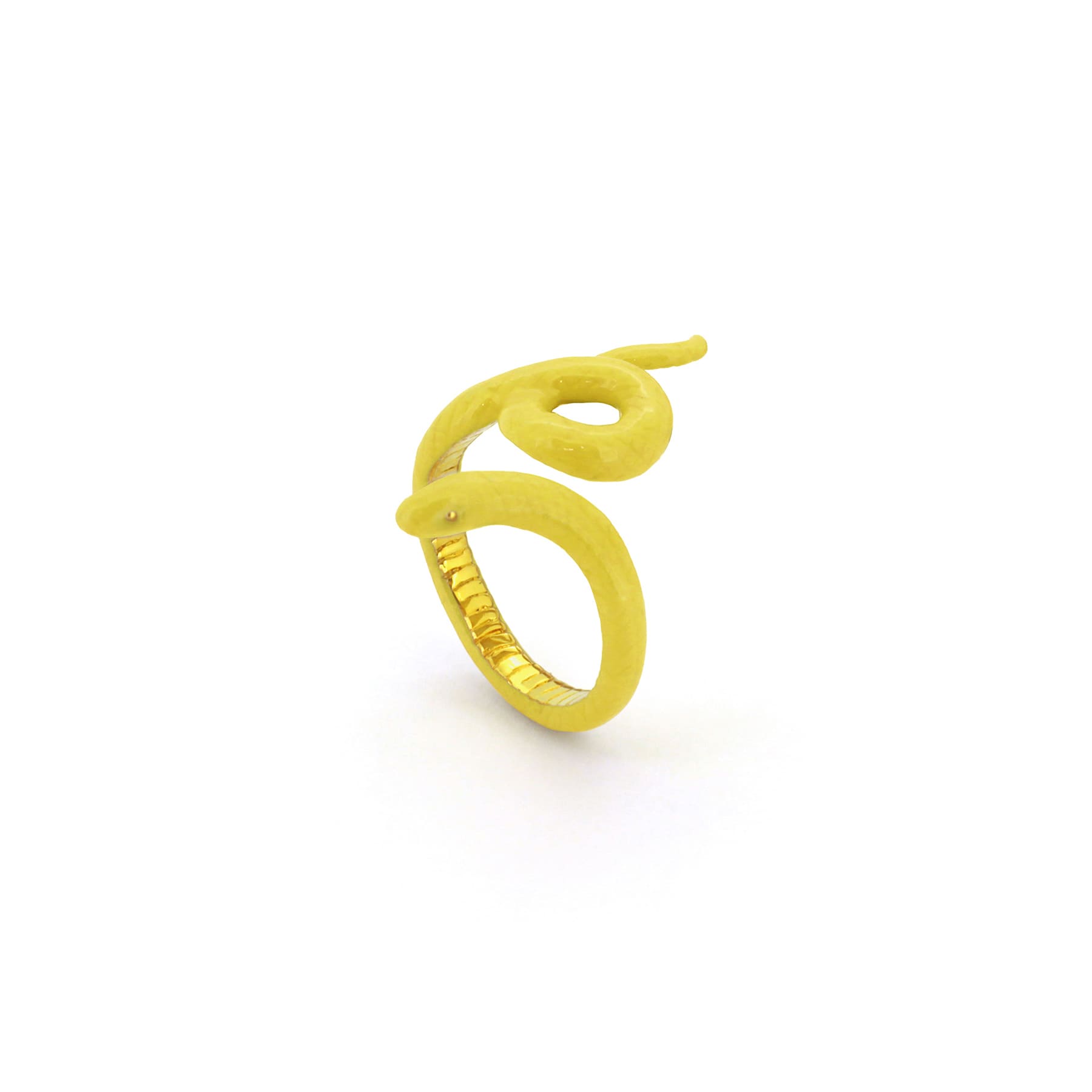 Handcrafted ring in the shape of a snake, colored yellow