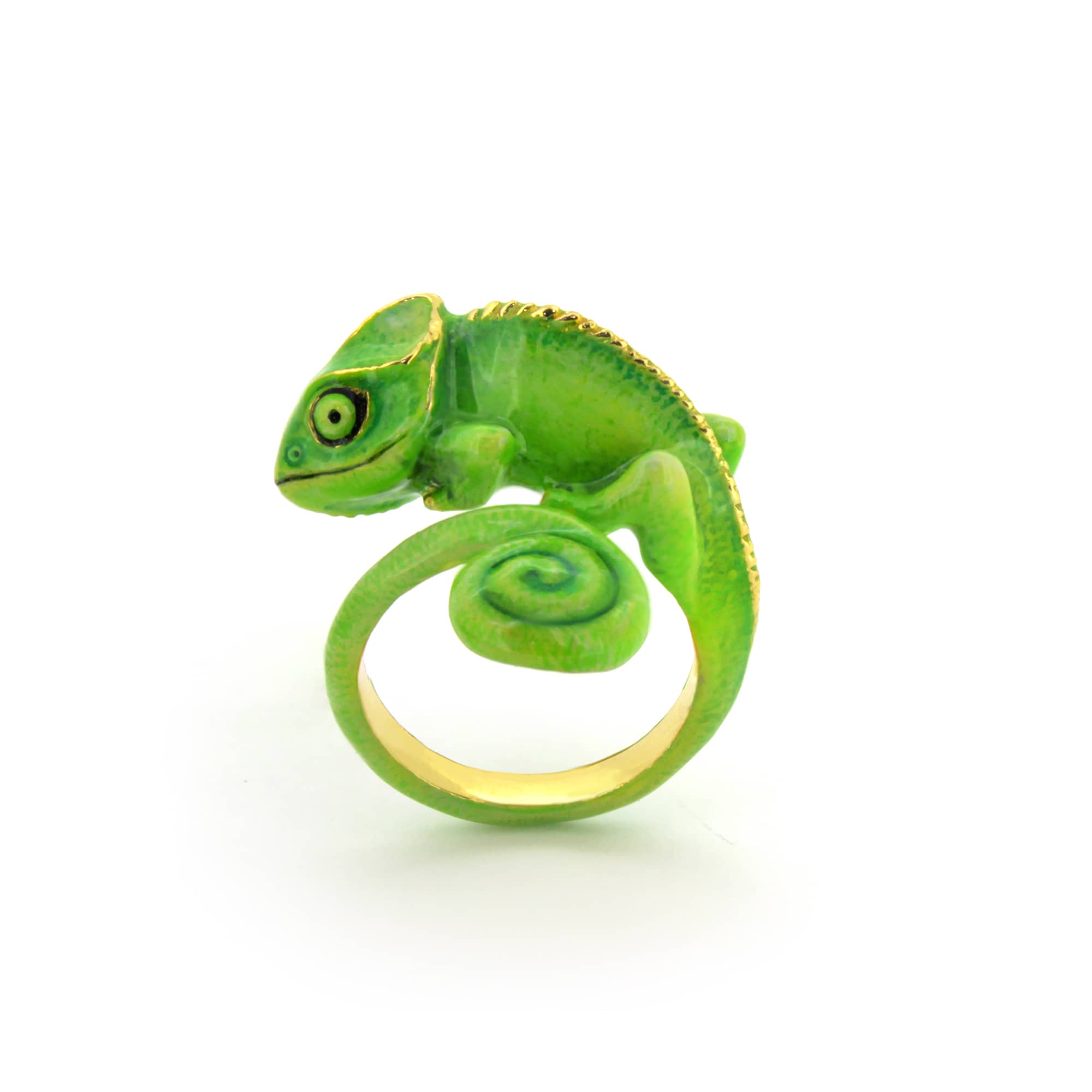 A vibrant green chameleon ring crafted with playful design, perfect for animal lovers.