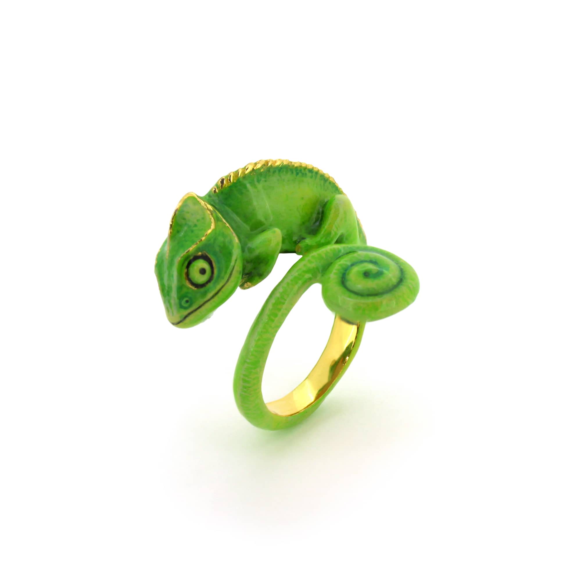 A vibrant green chameleon ring crafted with playful design, perfect for animal lovers.