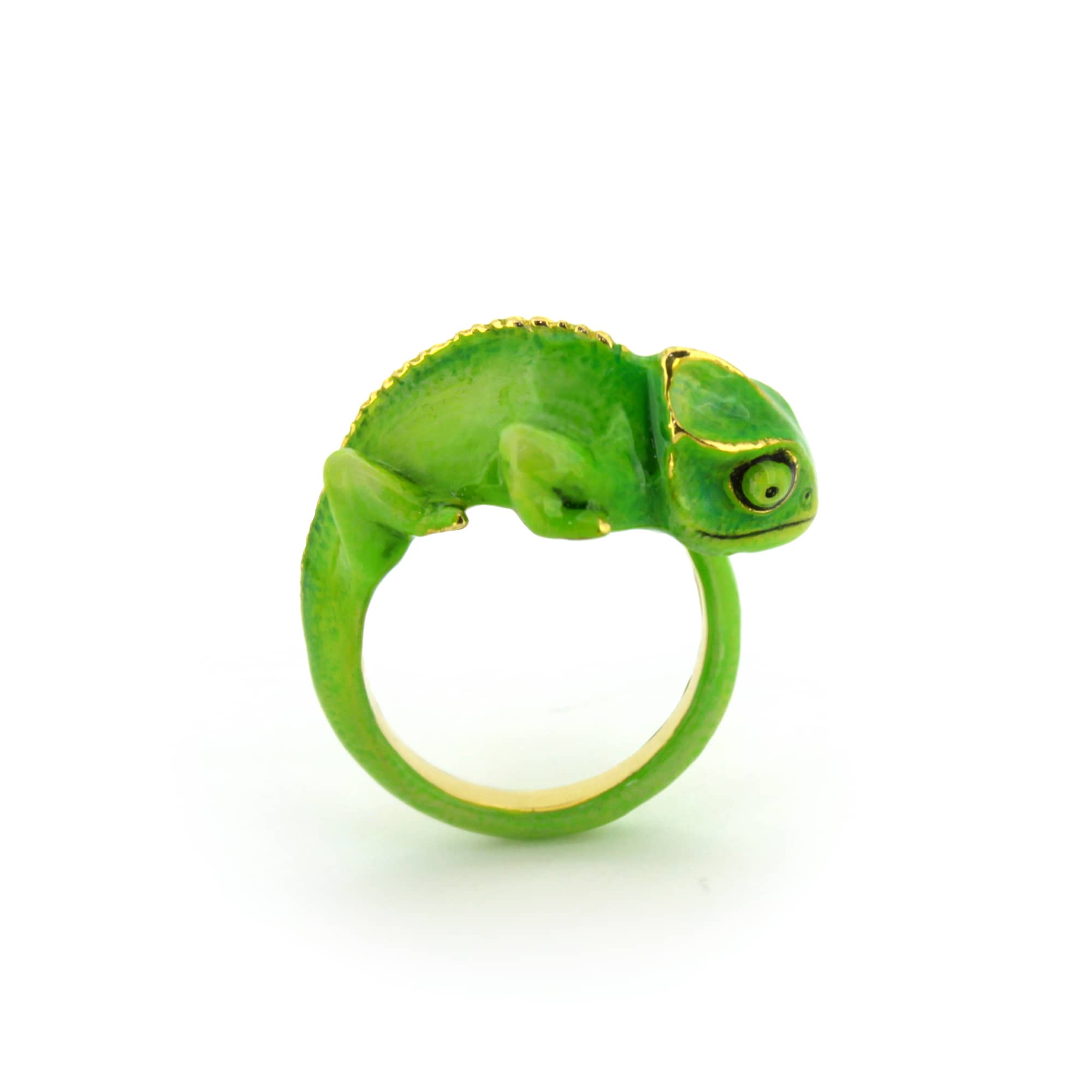 A vibrant green chameleon ring crafted with playful design, perfect for animal lovers.