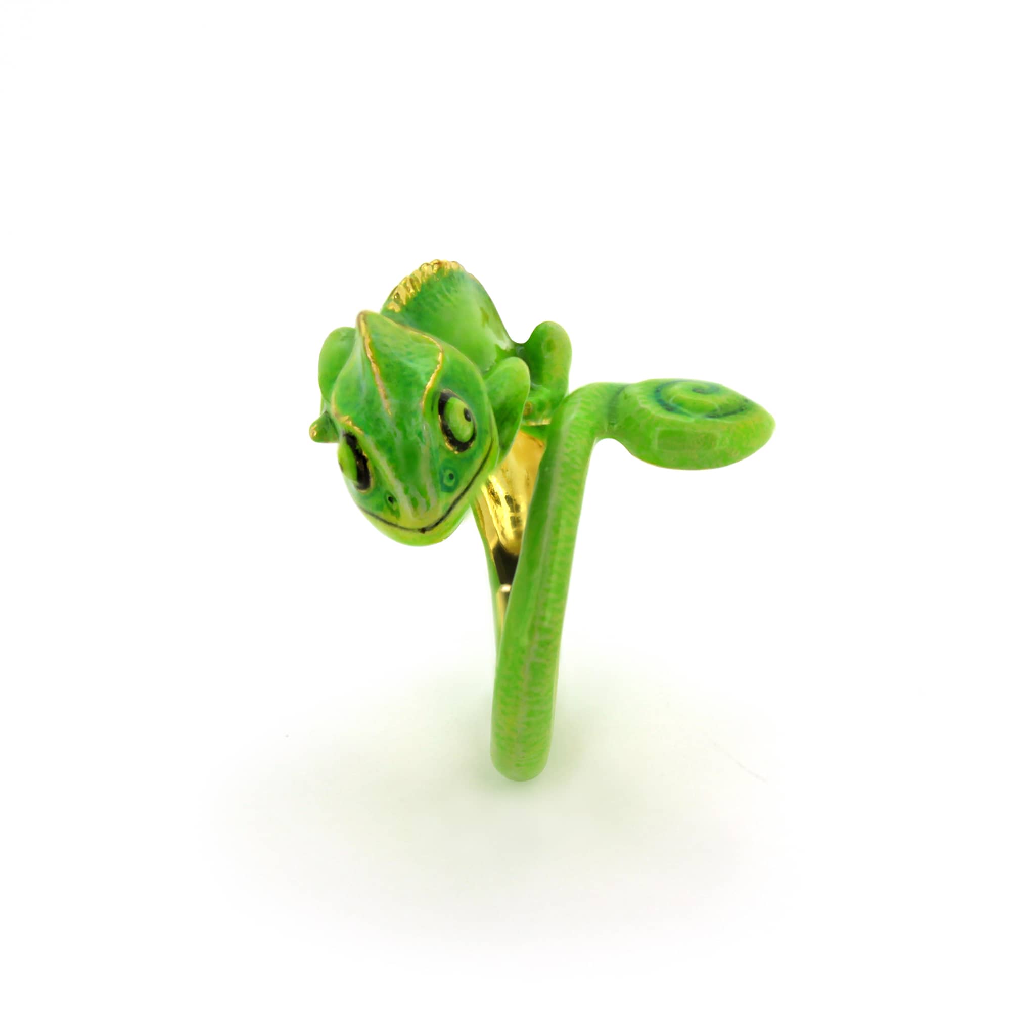 A vibrant green chameleon ring crafted with playful design, perfect for animal lovers.