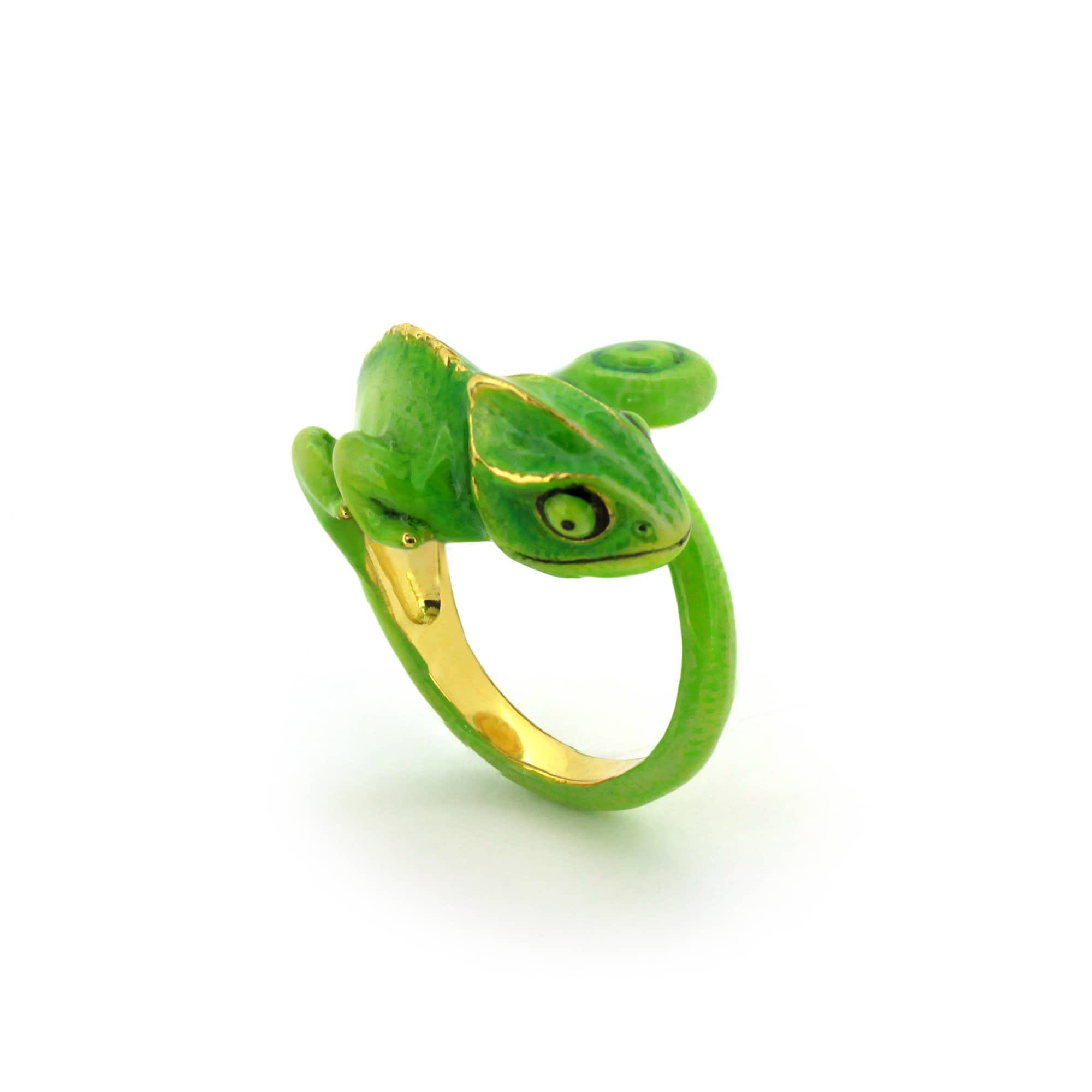 A vibrant green chameleon ring crafted with playful design, perfect for animal lovers.