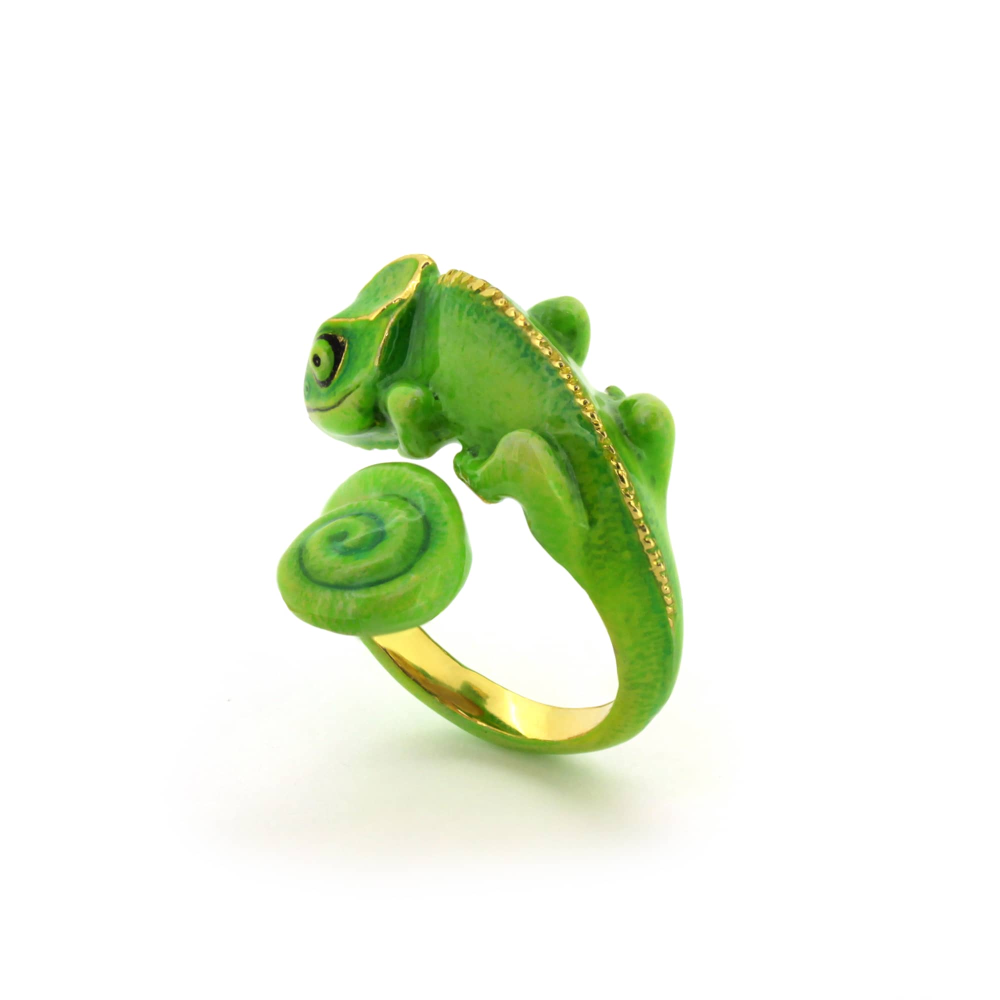 A vibrant green chameleon ring crafted with playful design, perfect for animal lovers.