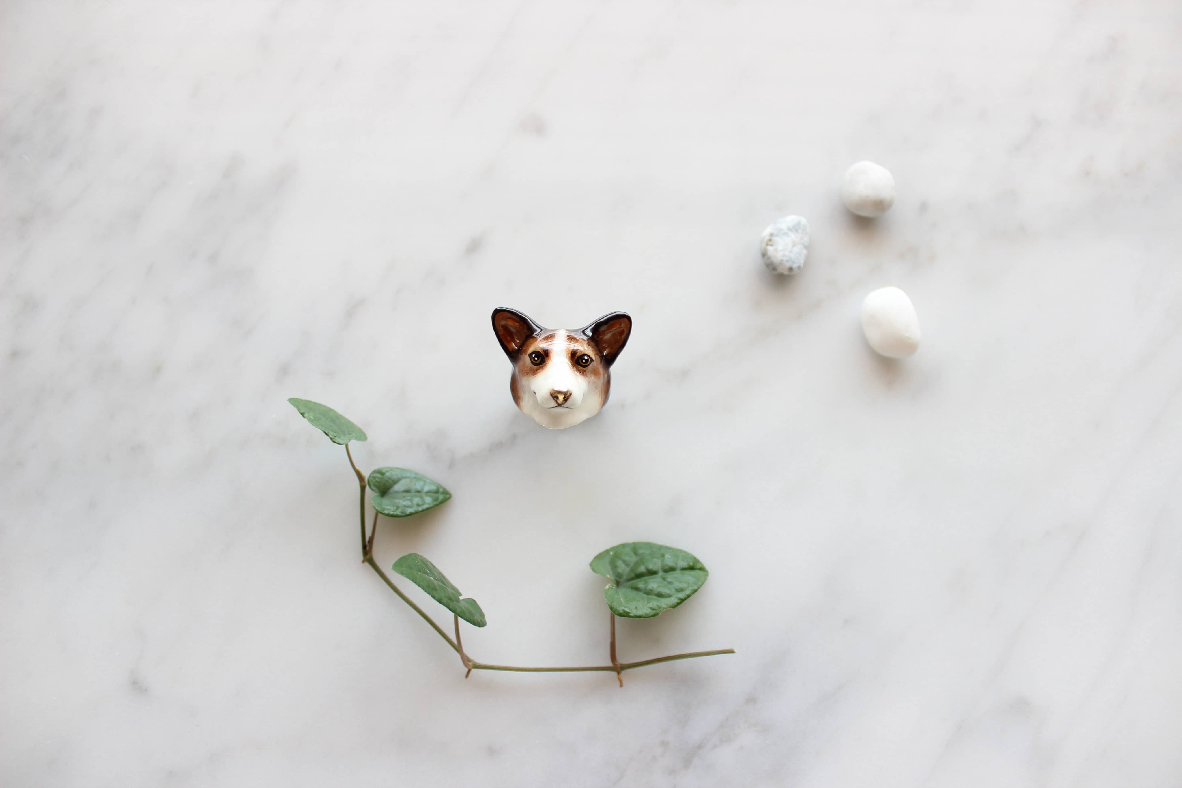 A cute, hand-painted ring featuring corgi head placed on marble background with green leaves and stones.