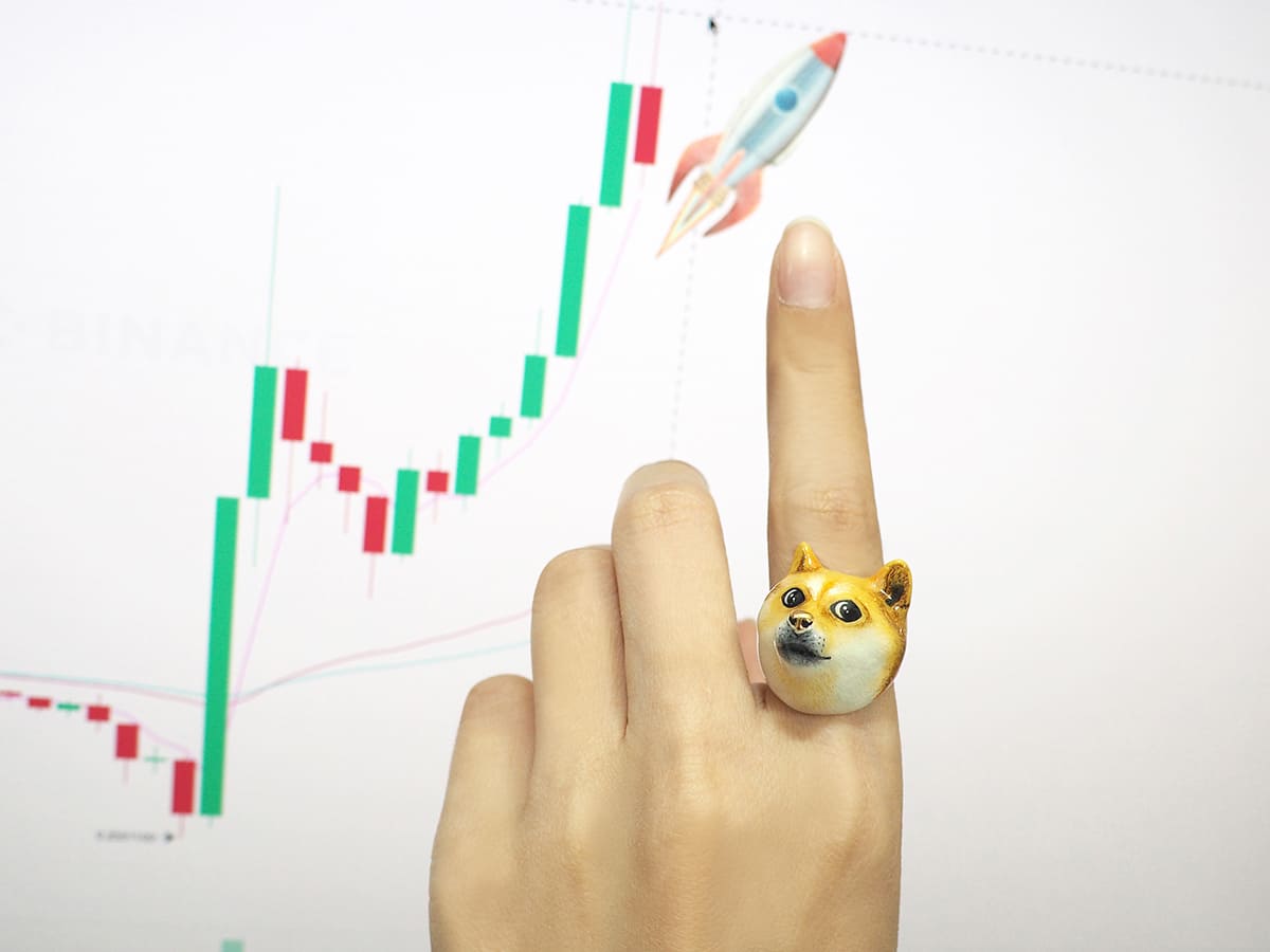 Close-up of a Doge ring on a finger with a cryptocurrency chart in the background.