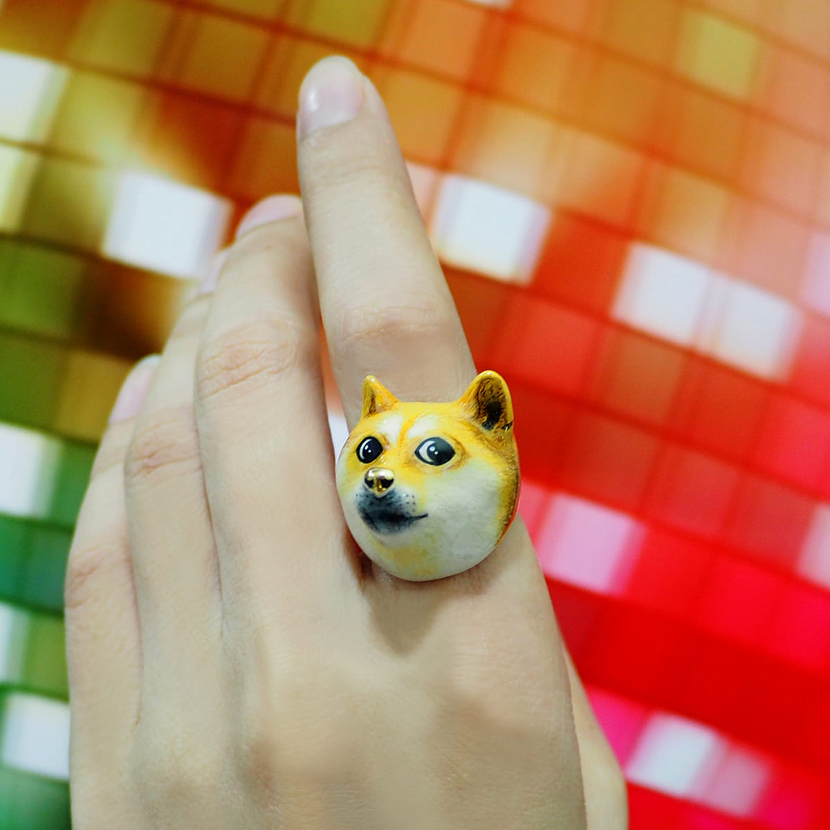 Hand wearing a doge face ring with a colorful background.