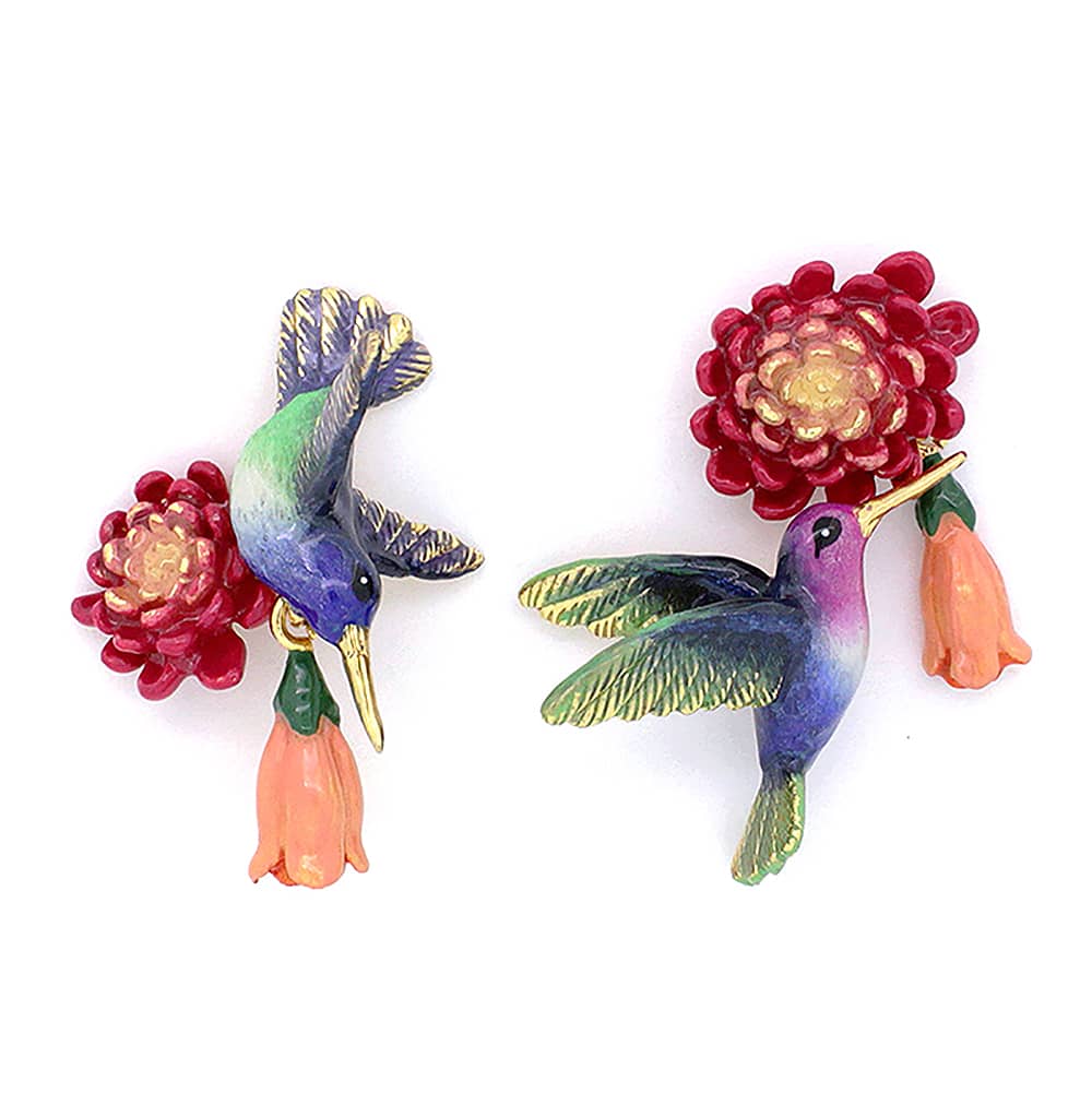 Handmade earrings showcasing colorful hummingbirds and flowers