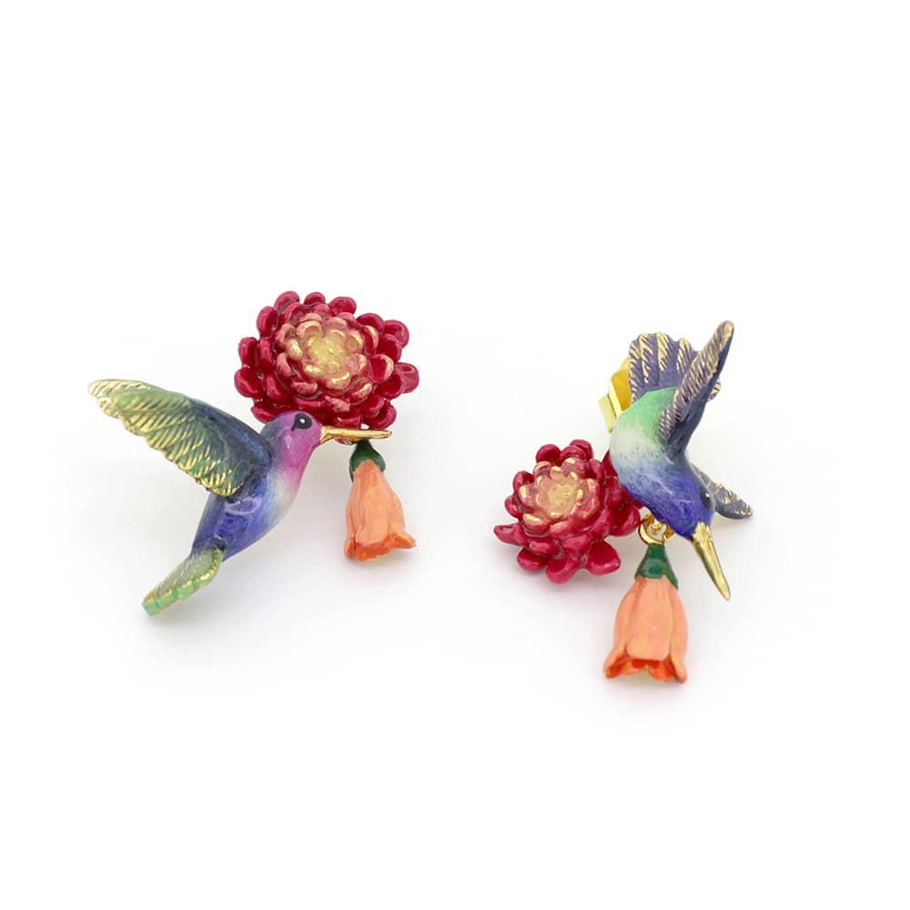 Stunning earrings showcasing a hummingbird and blooming flowers.