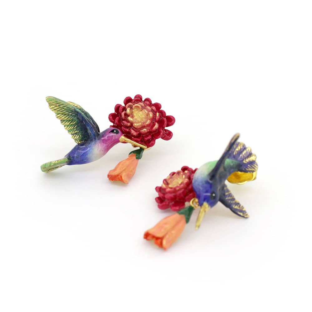 Stunning earrings showcasing a hummingbird and blooming flowers, perfect foe nature lovers.