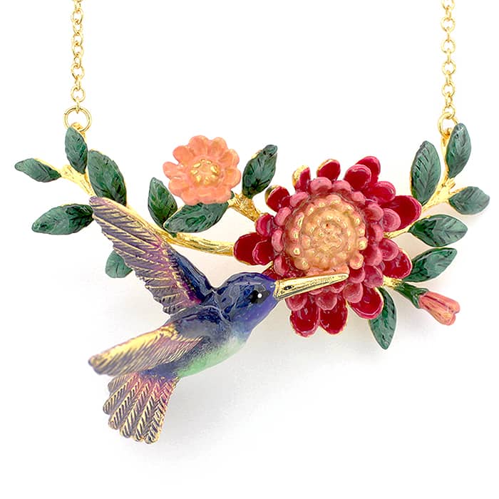 Colorful hummingbird necklace with floral design