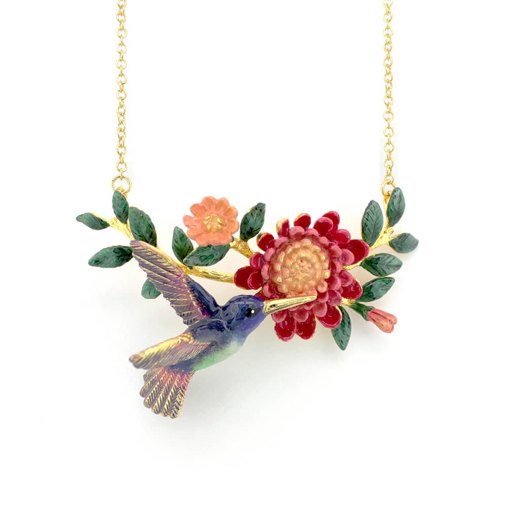 Artistic necklace design featuring a hummingbird and colorful flowers