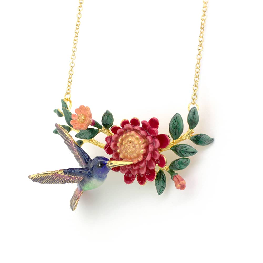 Artistic necklace design featuring a hummingbird and colorful flowers