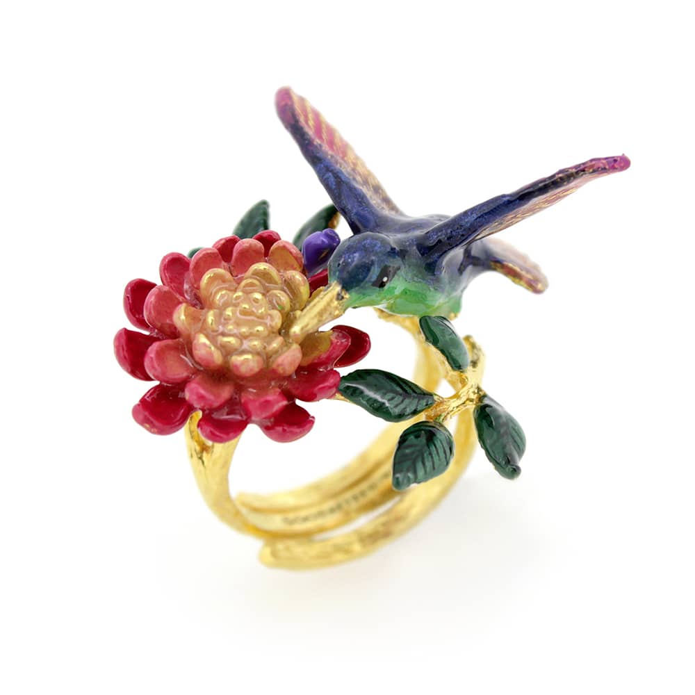 Unique floral ring featuring a hummingbird and vibrant flowers