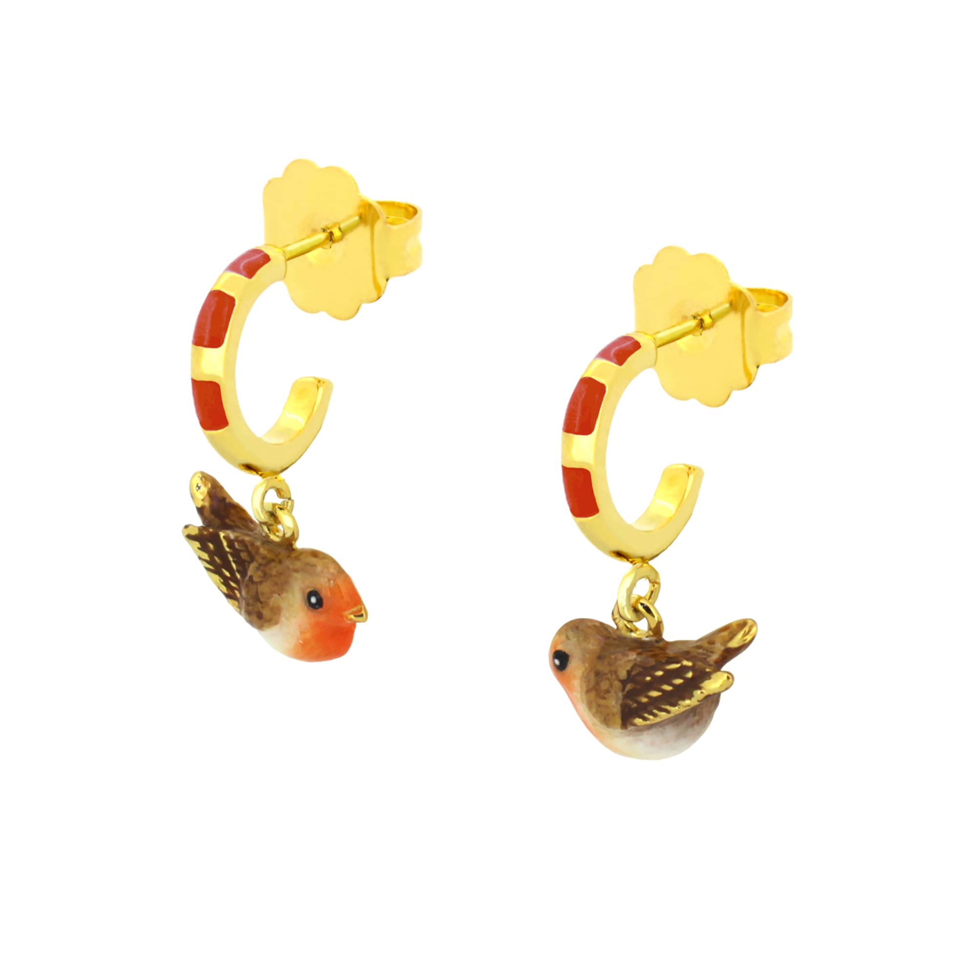 Handcrafted earrings with small bird charms featuring orange and brown detailing.