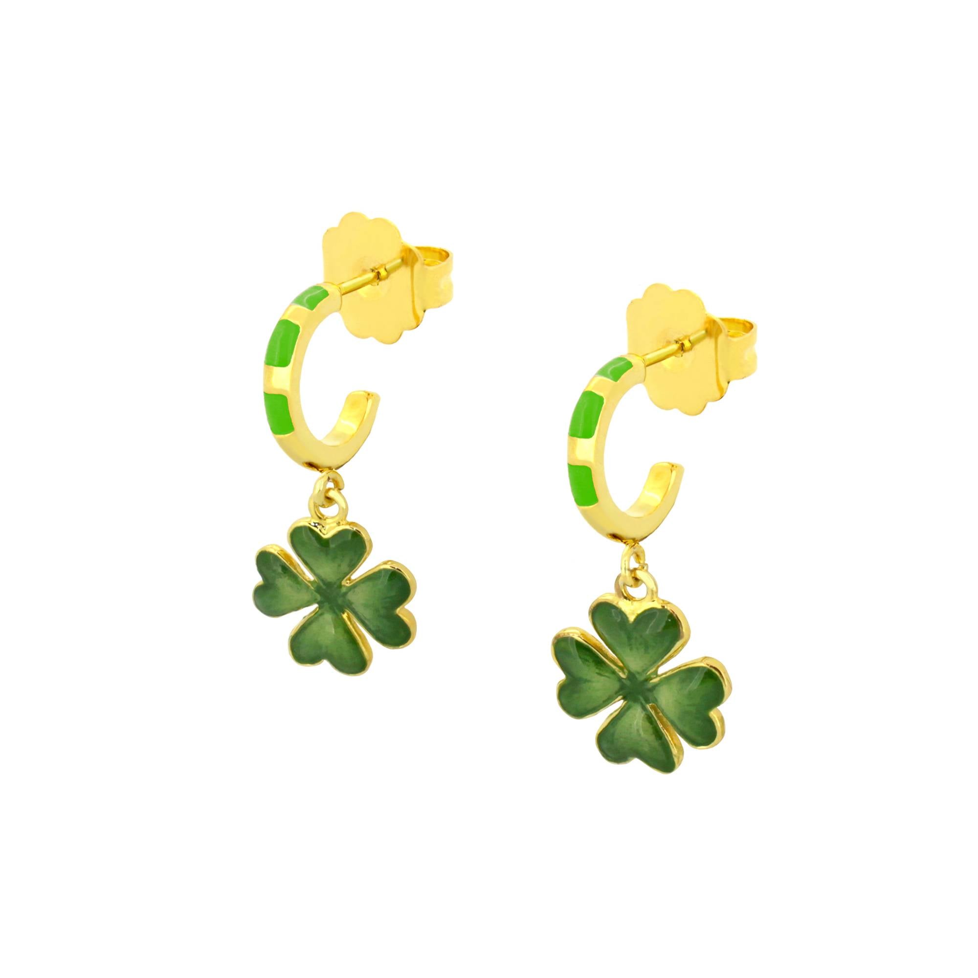 Handmade old earrings featuring green four-leaf clover charms, ideal for a touch of luck.