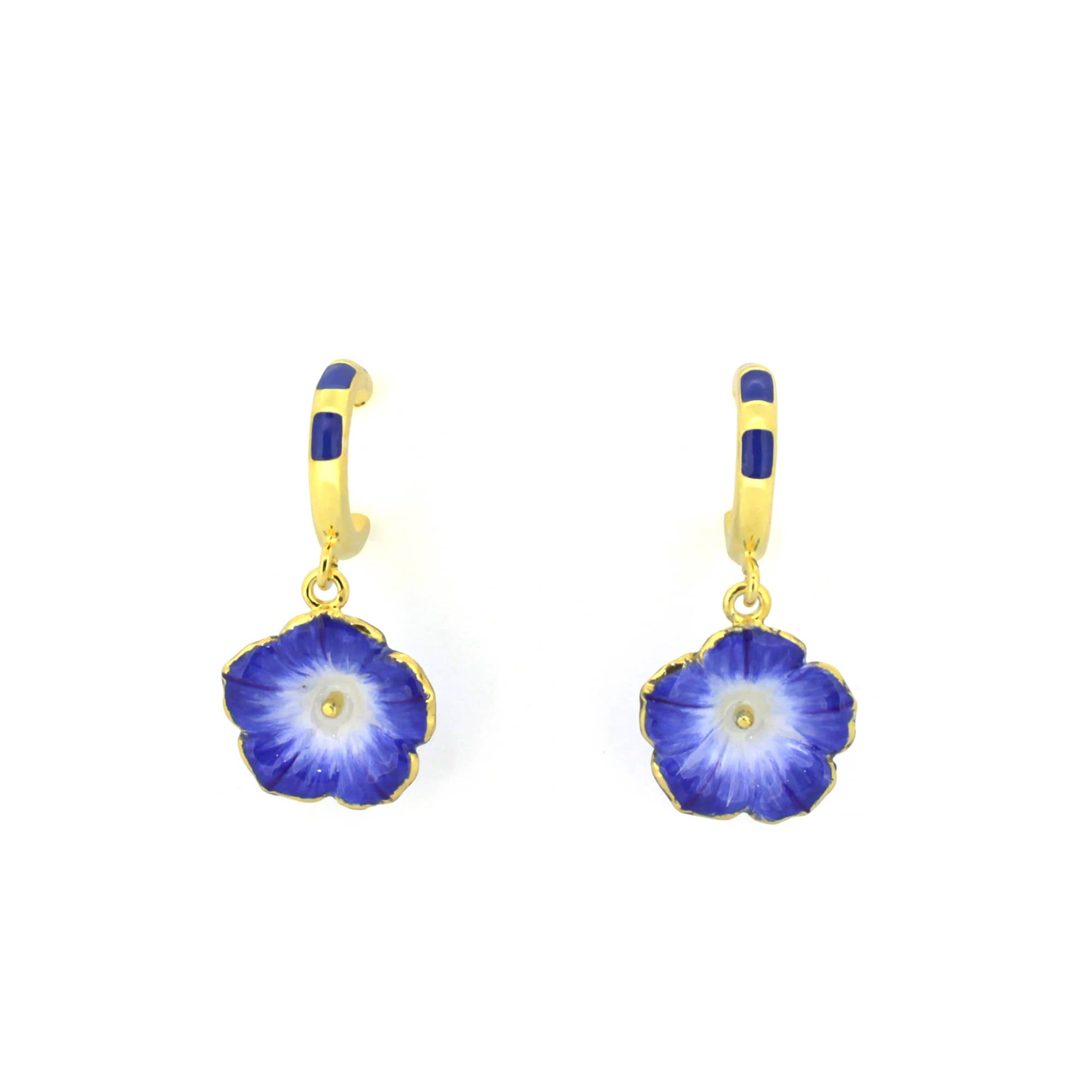 Handcrafted gold earrings adorned with blue floral designs.
