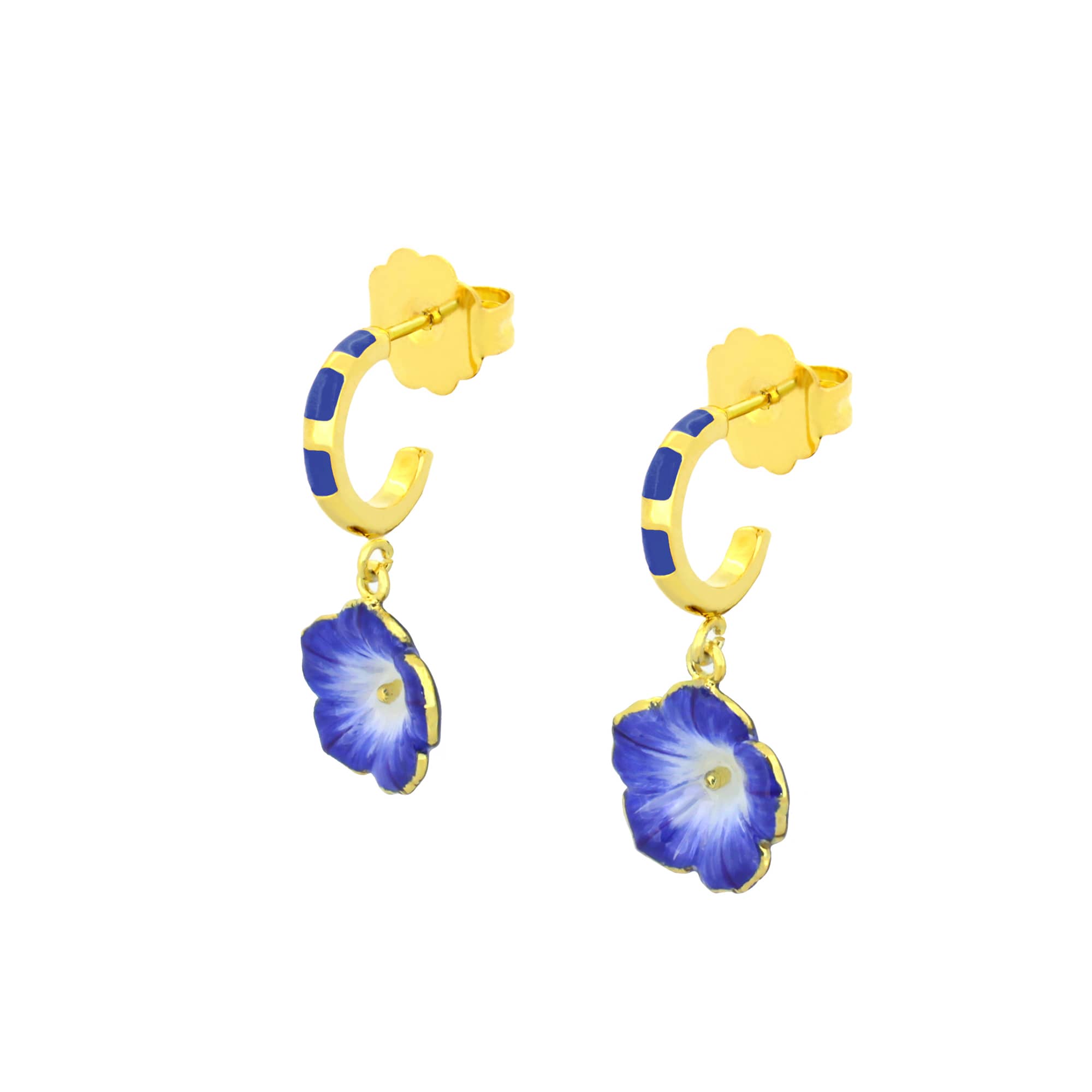 Beautiful gold earrings adorned with blue floral designs.