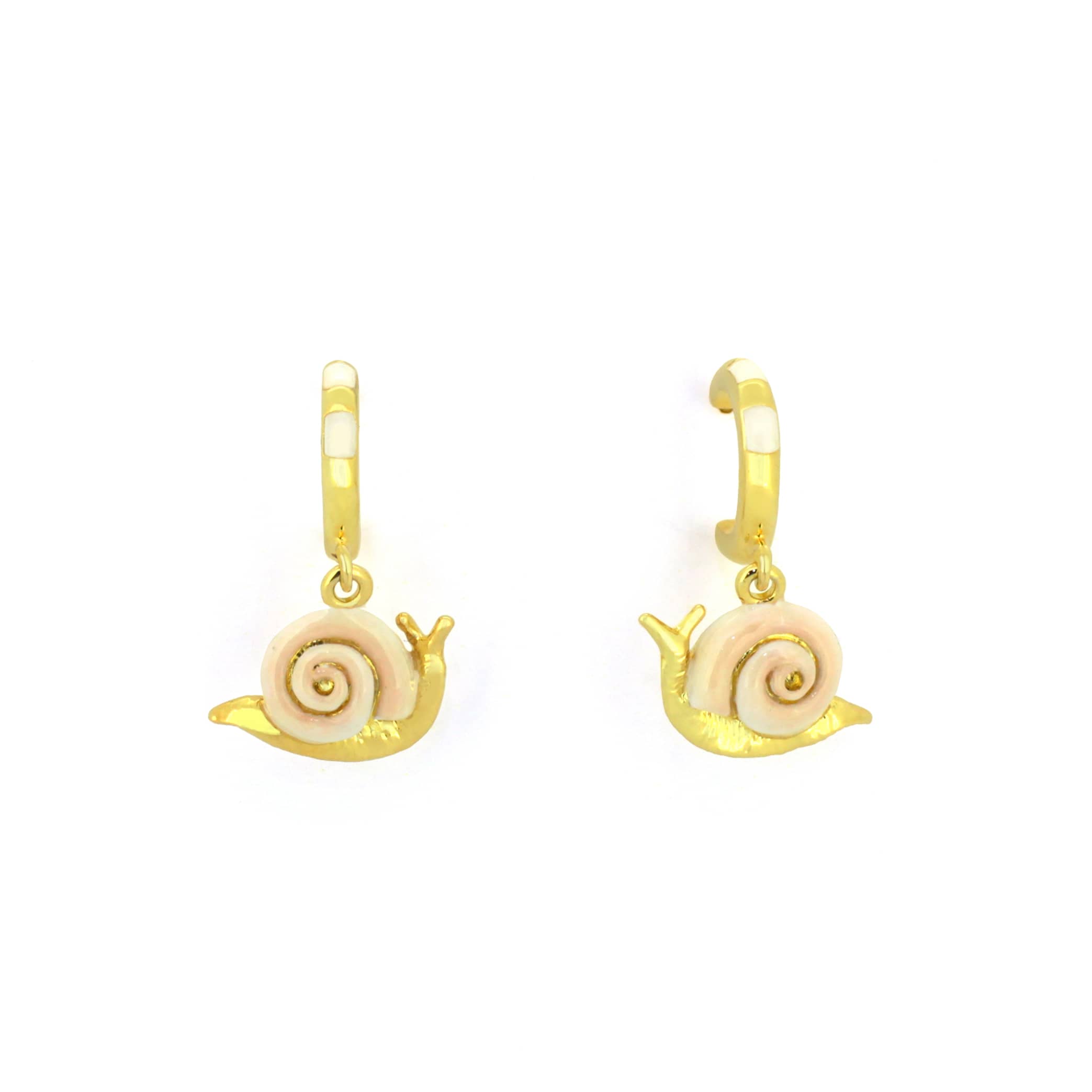 Nature-inspired gold snail earrings with intricate spiral shells.