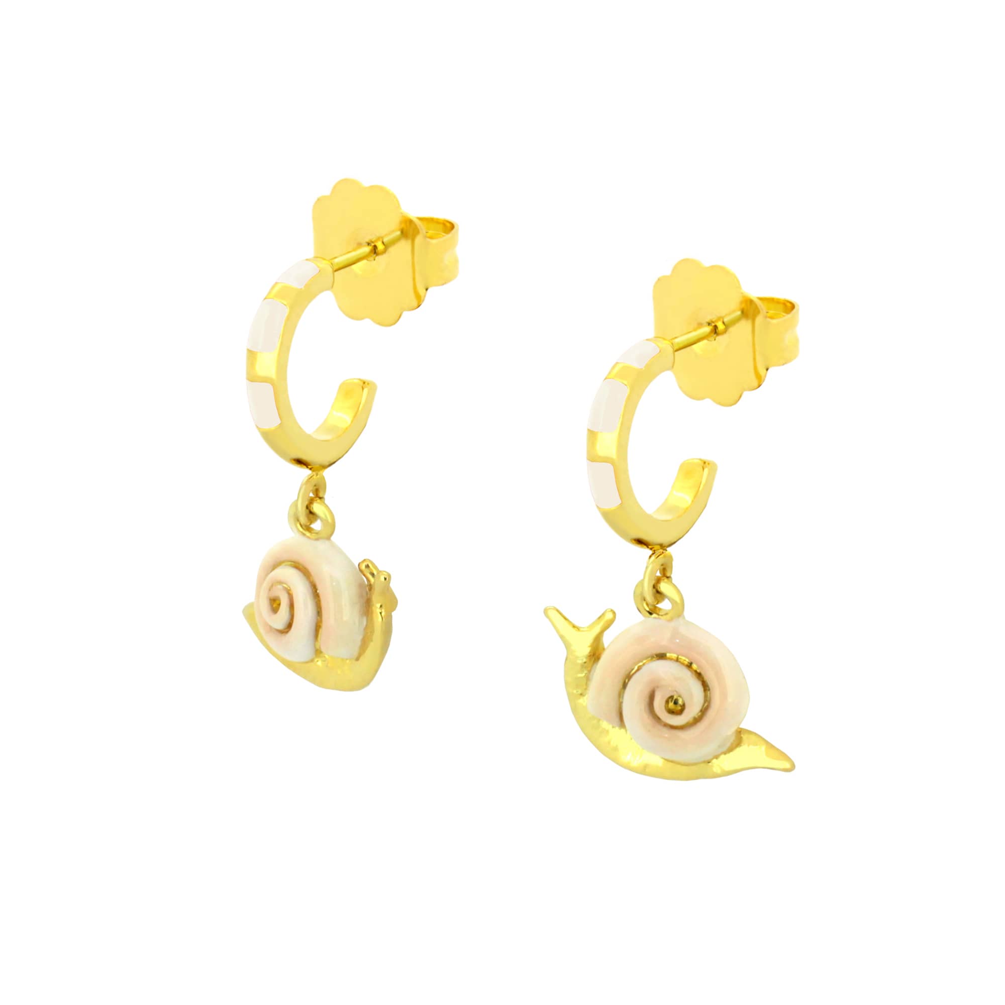 Handcrafted gold snail earrings with intricate spiral shells.