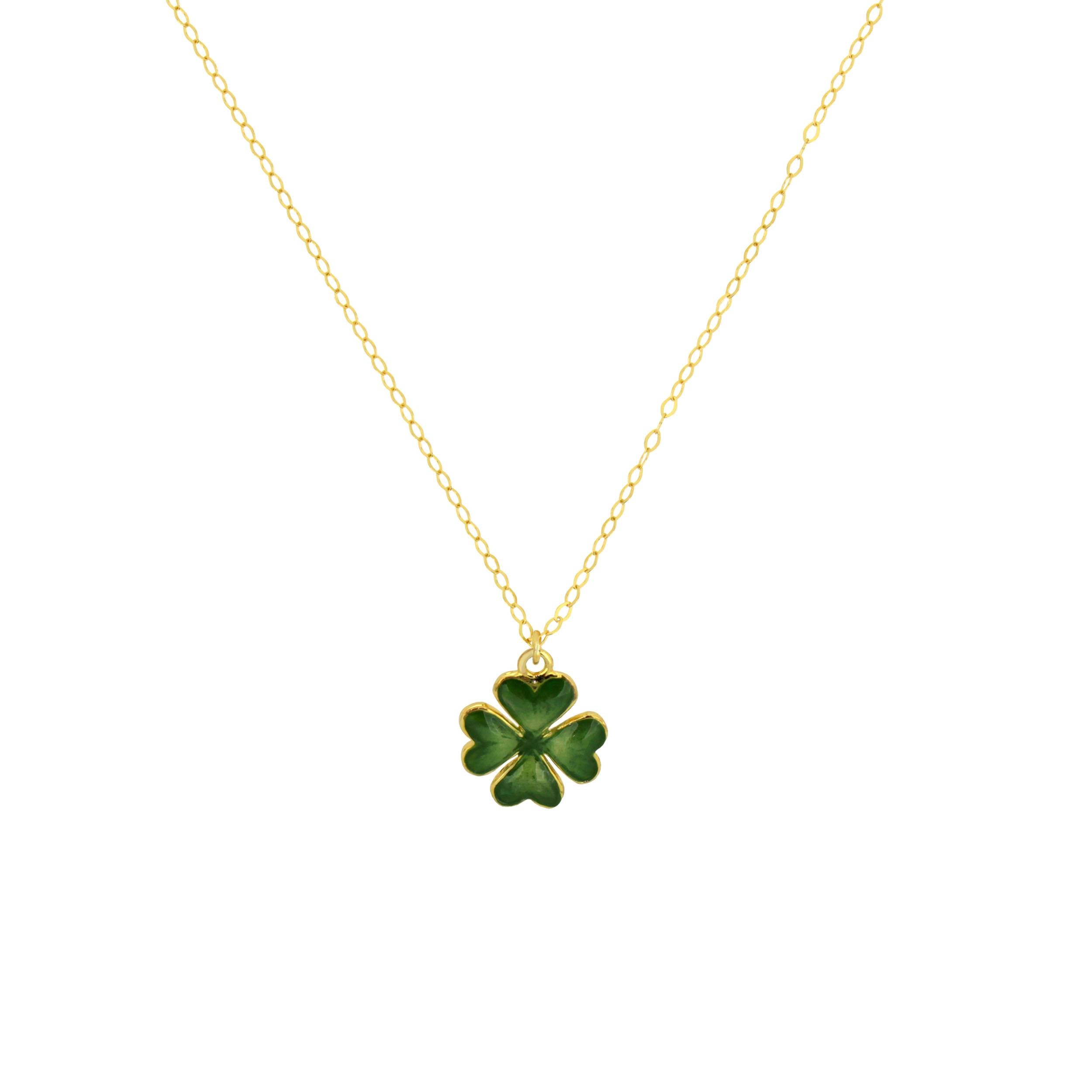 A gold necklace featuring a green four-leaf clover pendant, symbolizing luck and good fortune.